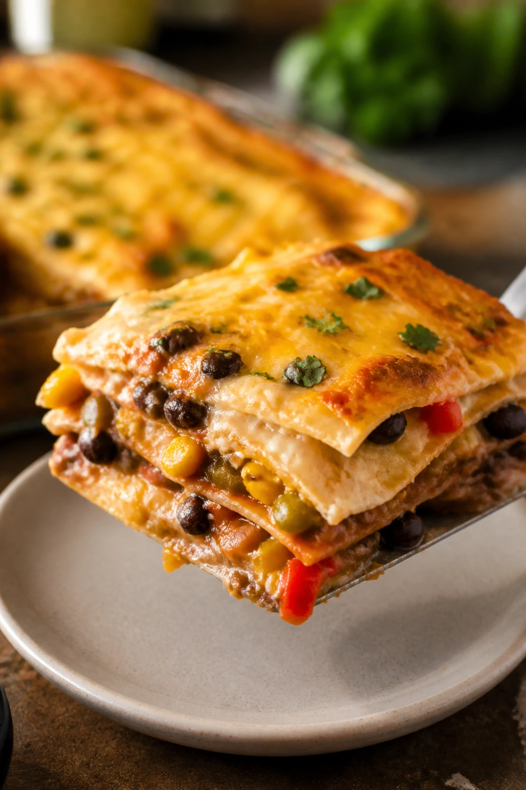 Close-up of Veggie Quesadilla Casserole slice showing layered fillings