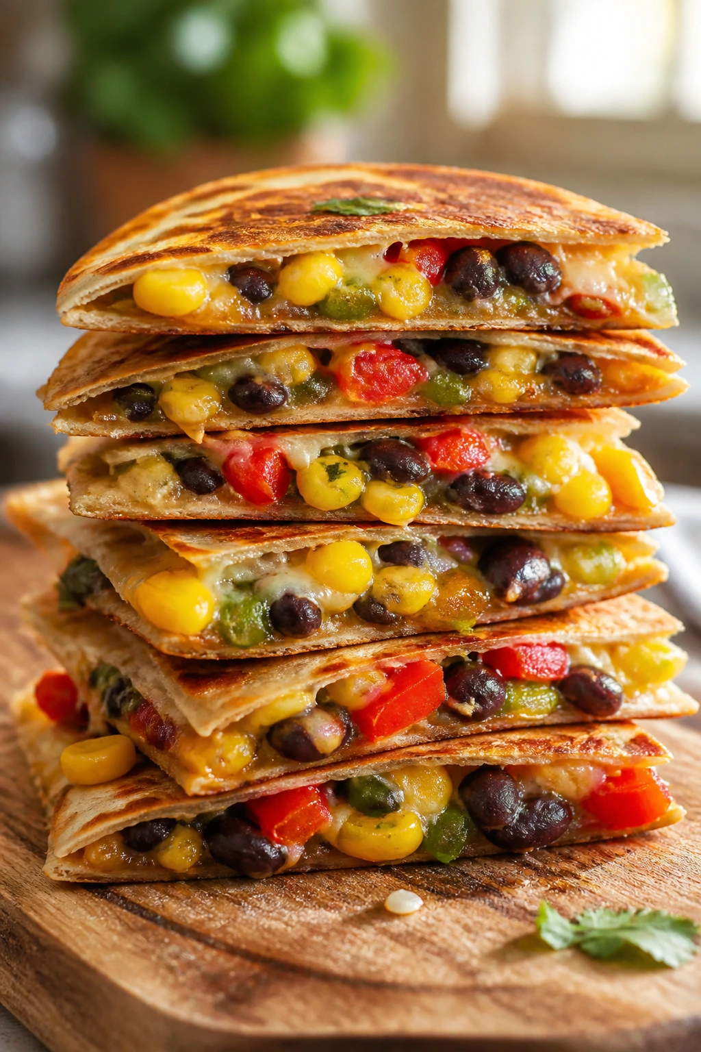 Stack of veggie quesadillas sliced to reveal fillings