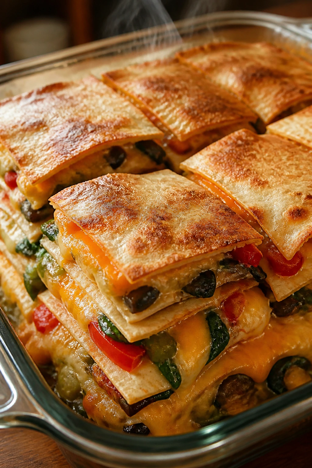 Close-up of veggie quesadilla stack in a baking dish