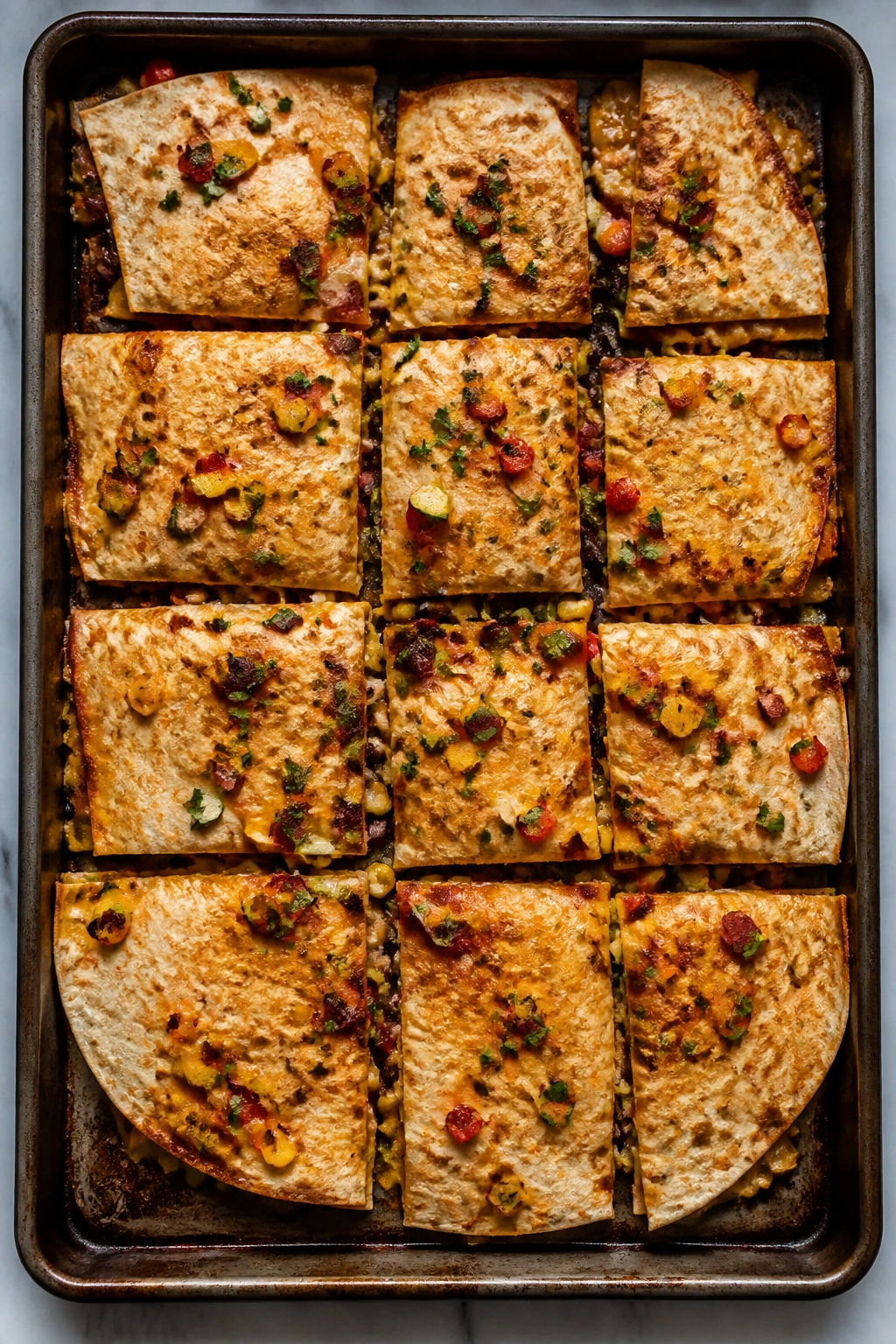 Tray bake of veggie quesadillas on sheet pan