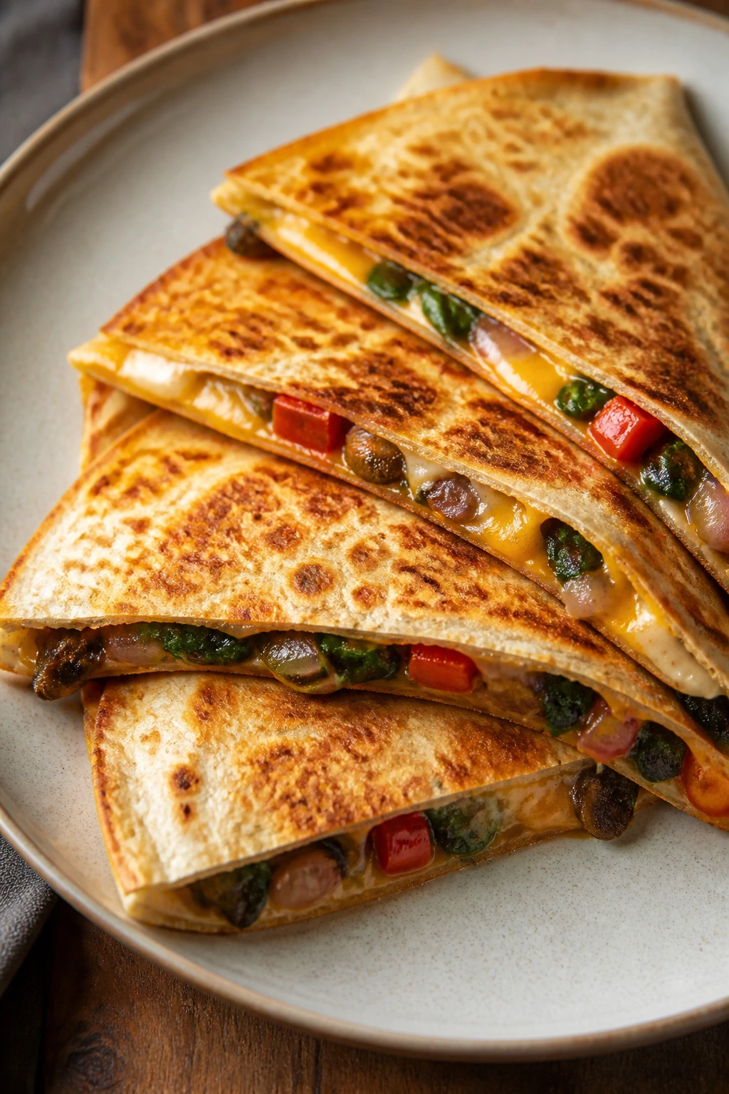 Close-up of veggie quesadilla wedges on a plate