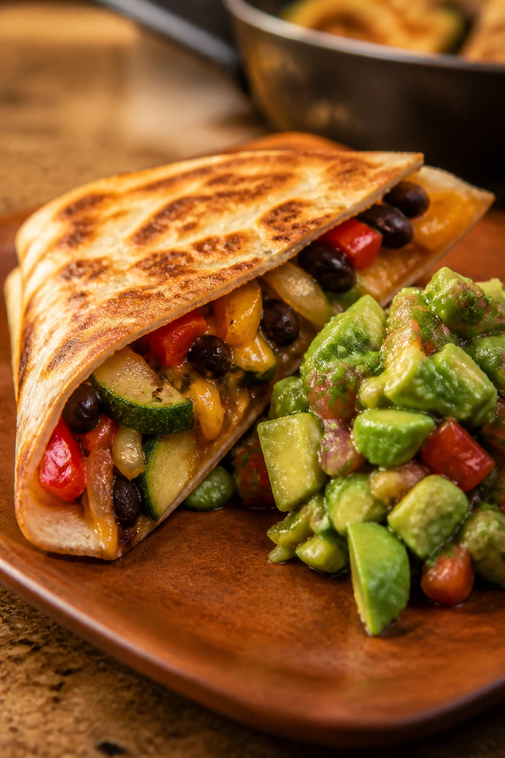 Veggie quesadilla with avocado salsa on plate