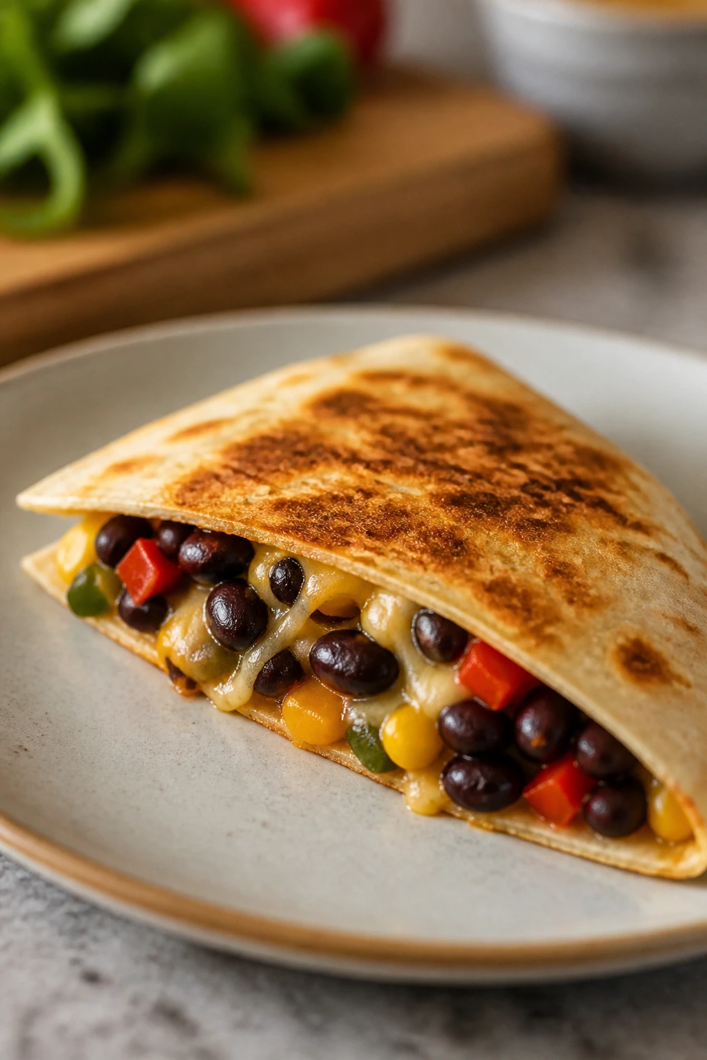 Quesadilla wedge with beans and peppers on plate