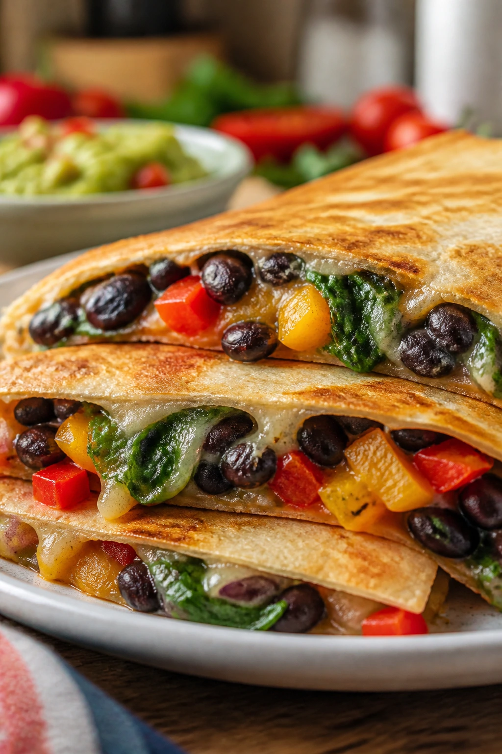 Quesadilla sliced to show black bean and veggie filling with melted cheese