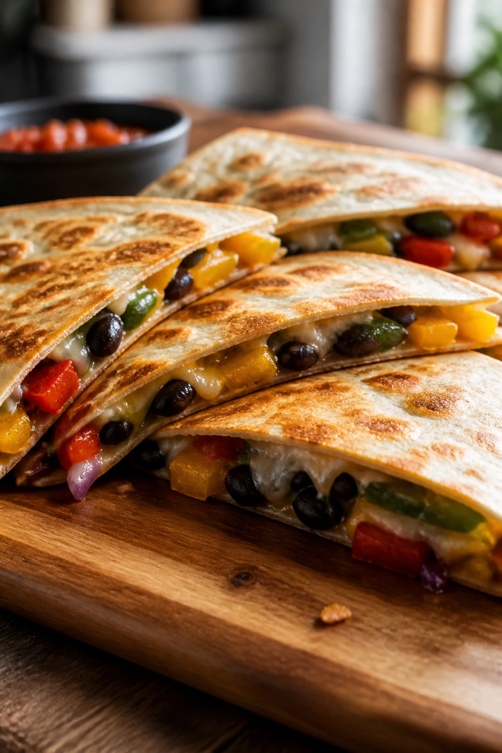 Sliced veggie quesadillas showing cheese and vegetable filling