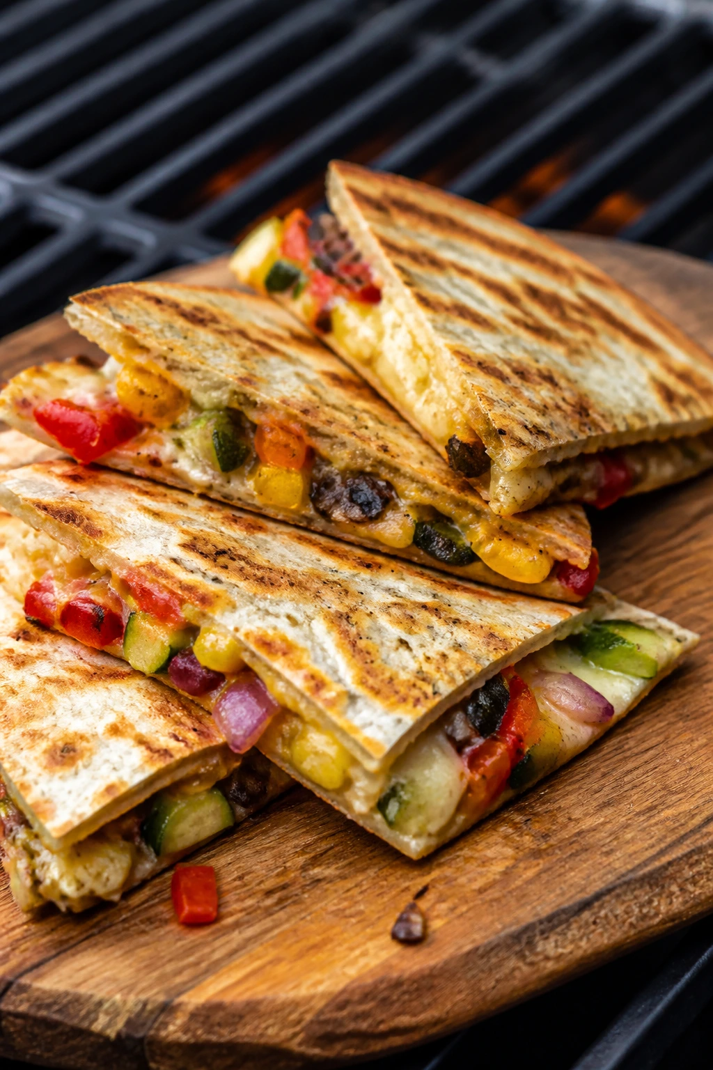 Close-up of veggie quesadillas on a grill with melted cheese