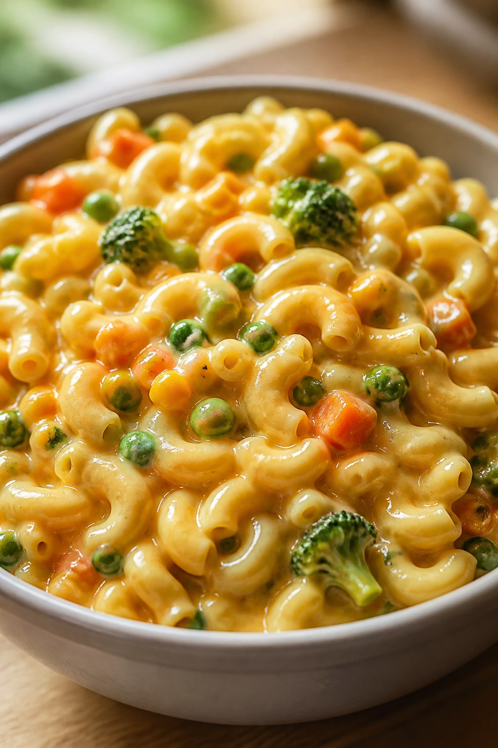 Mac and cheese with queso and vegetables close-up in bowl