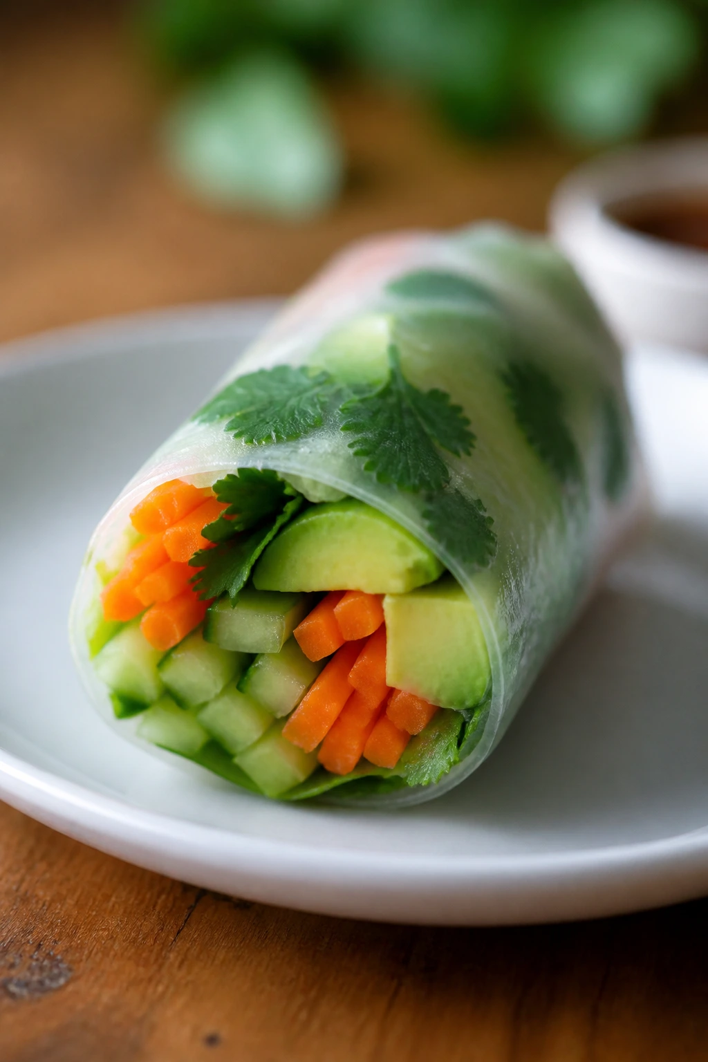 Close-up of a single veggie roll on a plate