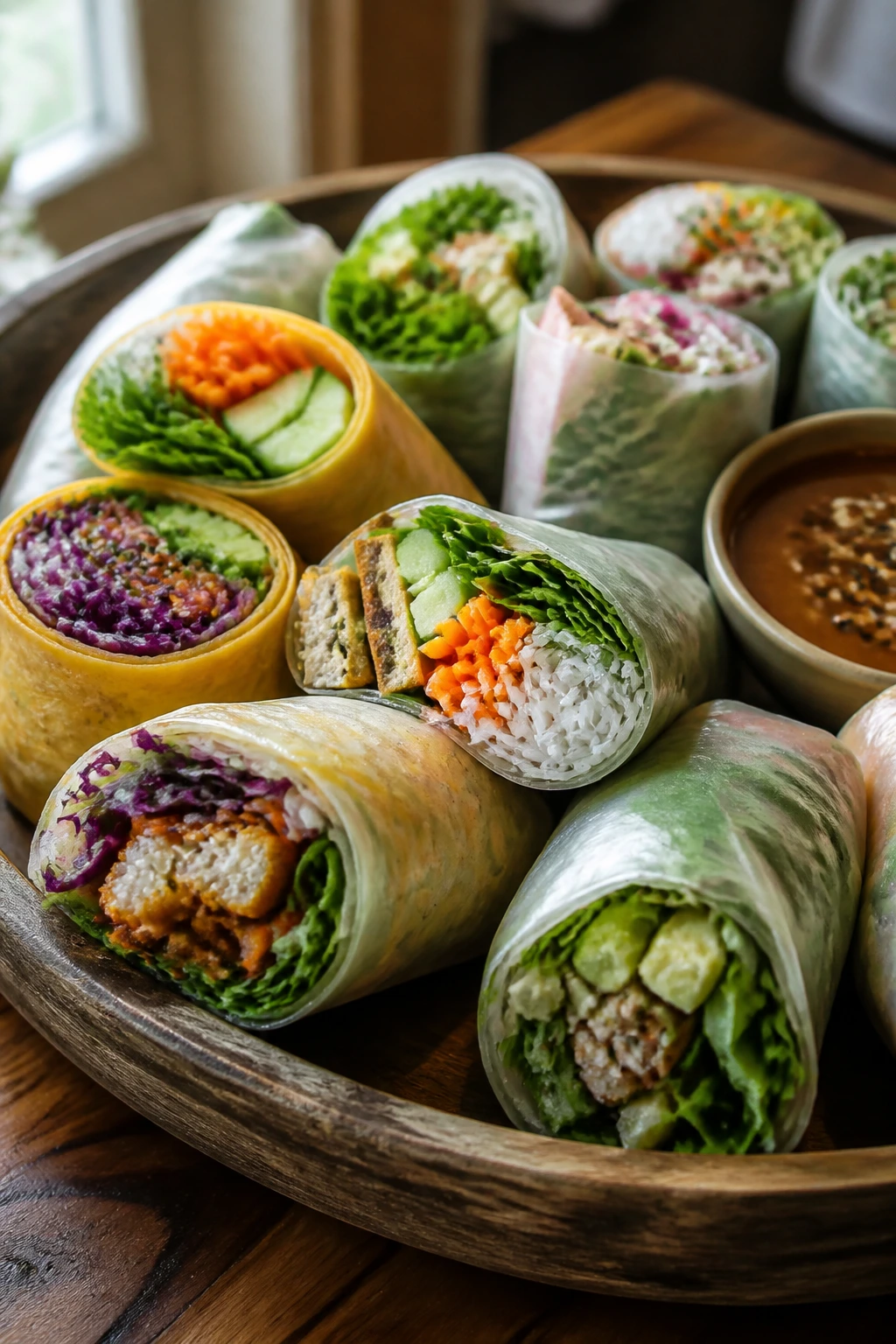 Close-up of a colorful veggie-roll assortment on a rustic wooden board.