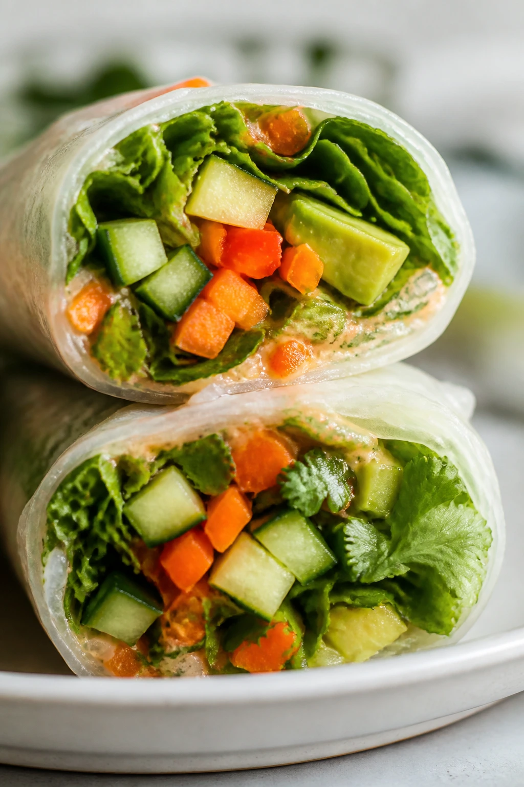 Close-up of veggie roll cross-section on a simple plate in a bright kitchen