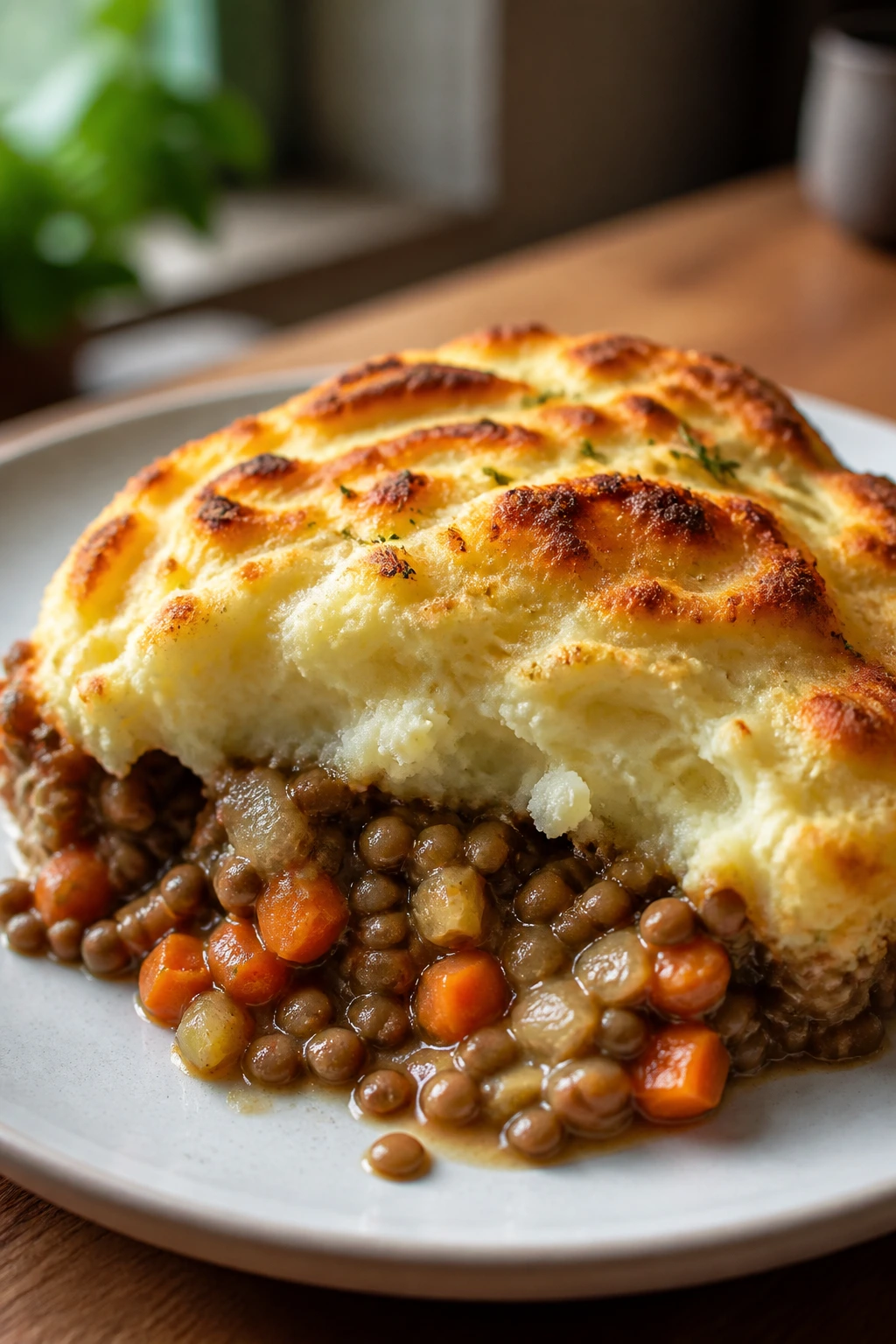 Scoop of veggie shepherd's pie on plate in warm kitchen