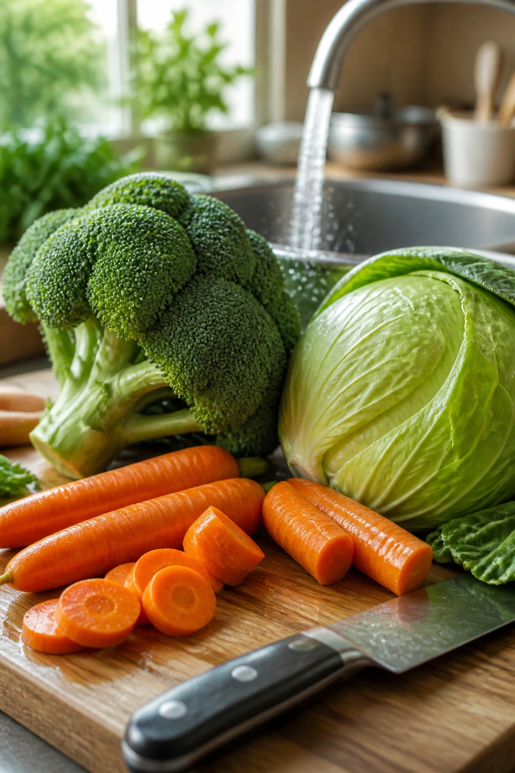 Fresh broccoli, cabbage, and carrots on a cutting board with a knife and running water