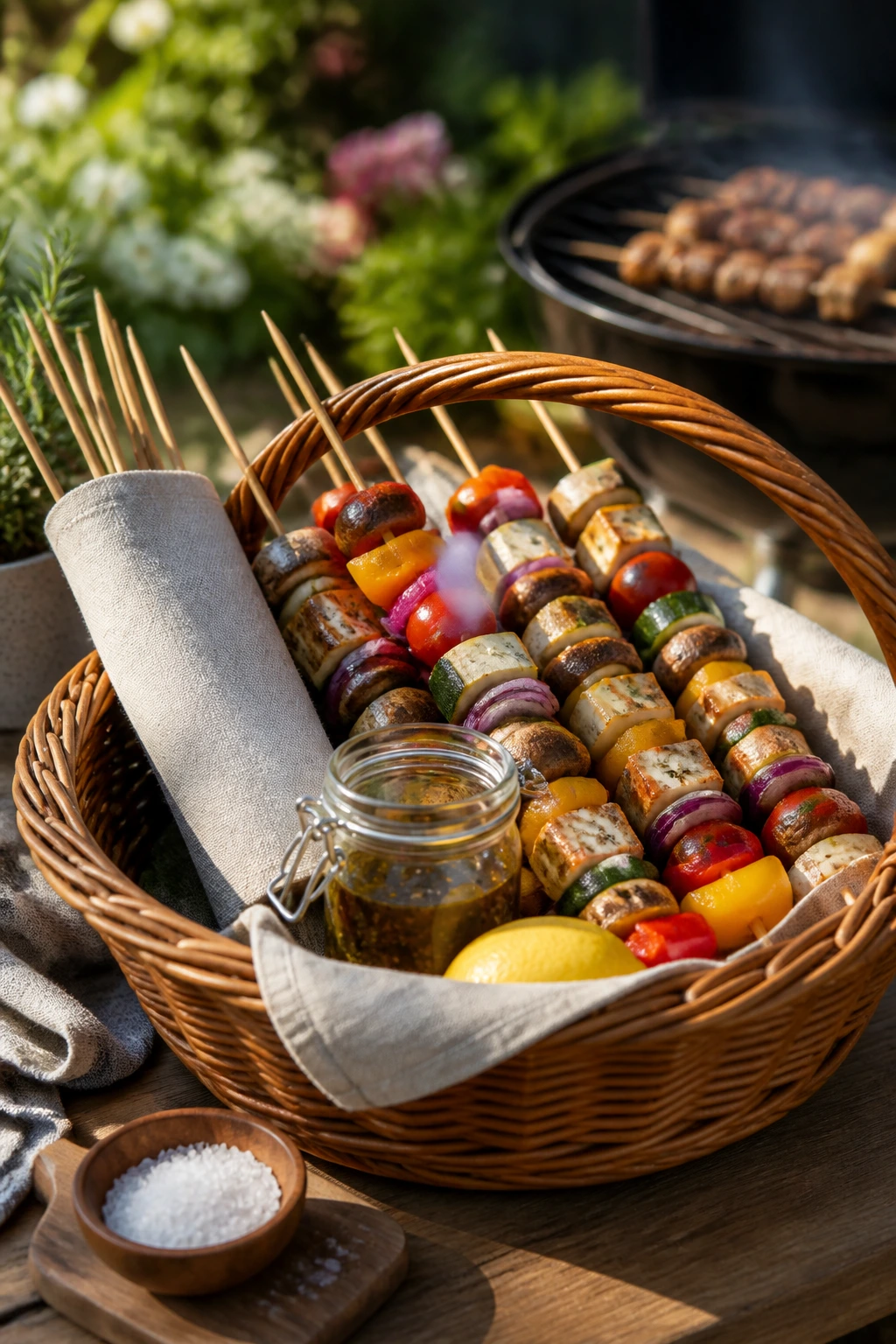 Close-up of a veggie skewer basket with grilled vegetables on a backyard table