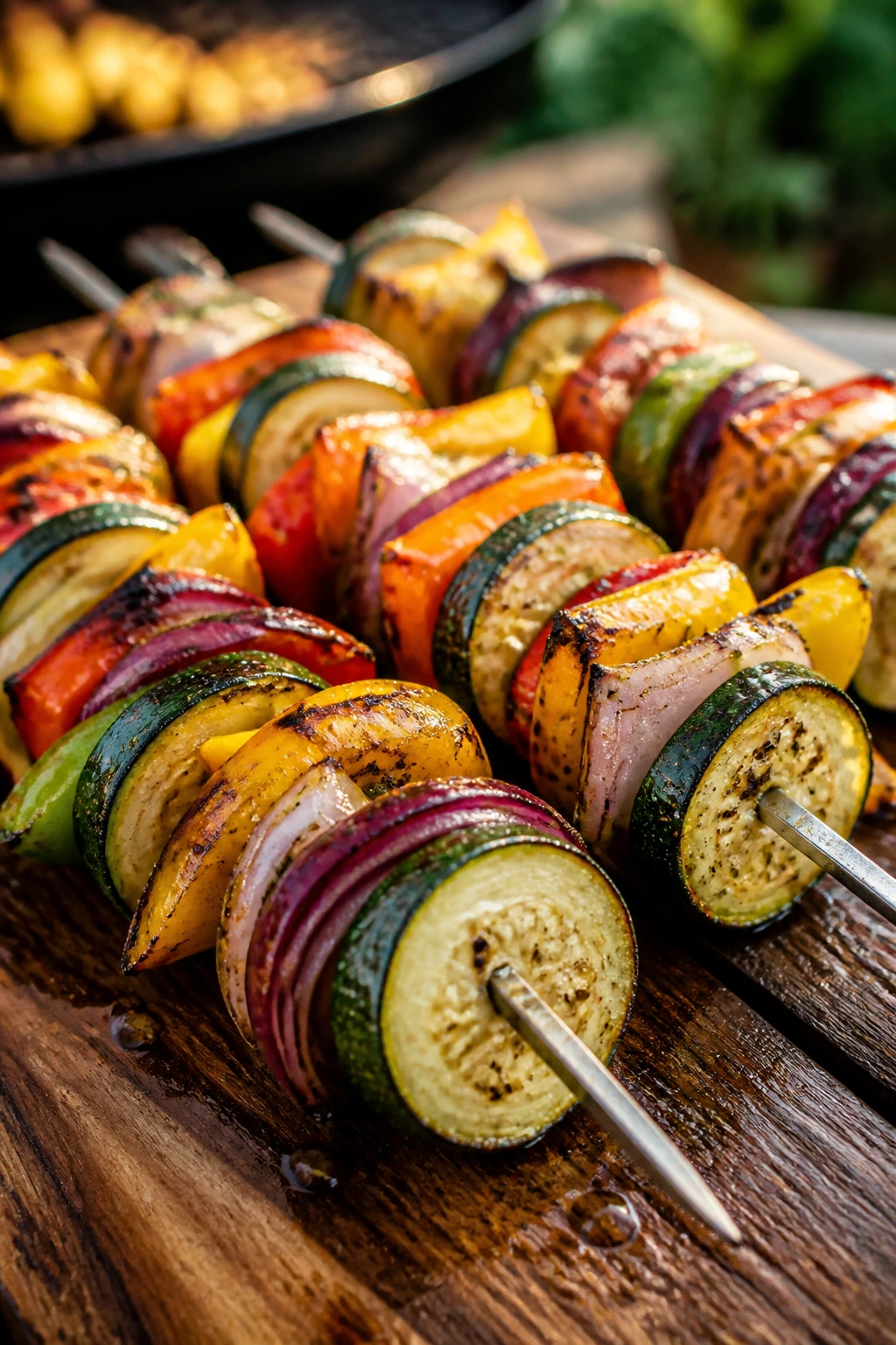 Close-up of colorful veggie skewers on a wooden board ready to grill