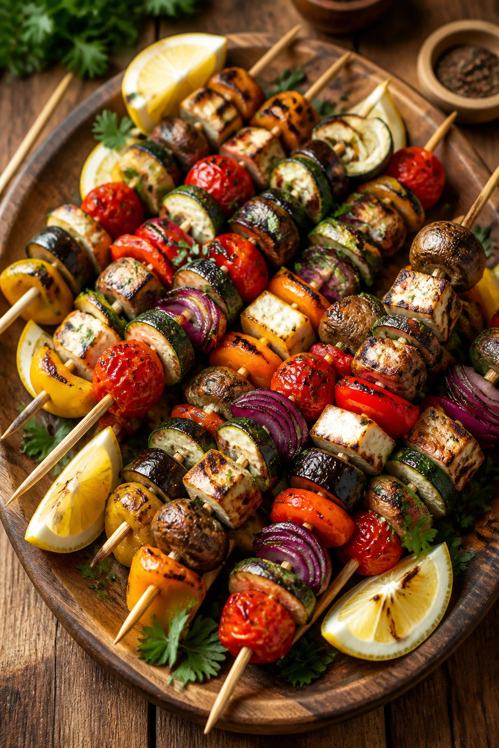 Veggie skewers on wooden platter with herbs and lemon