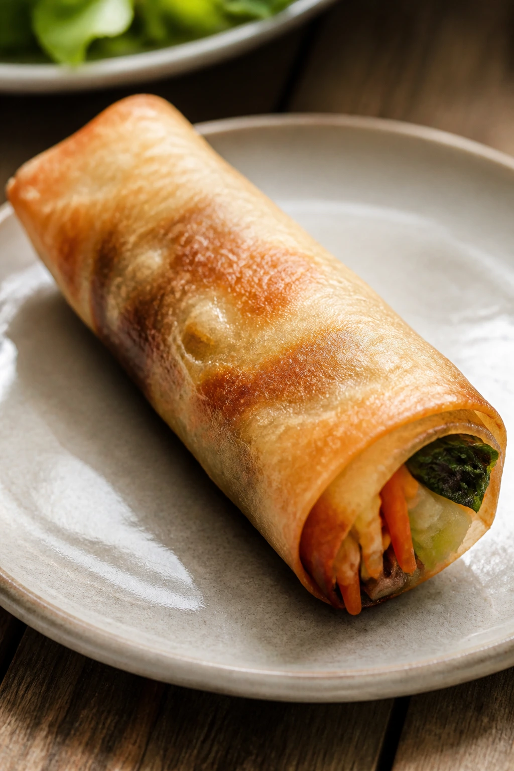 Close-up of a crispy veggie spring roll on a plate.