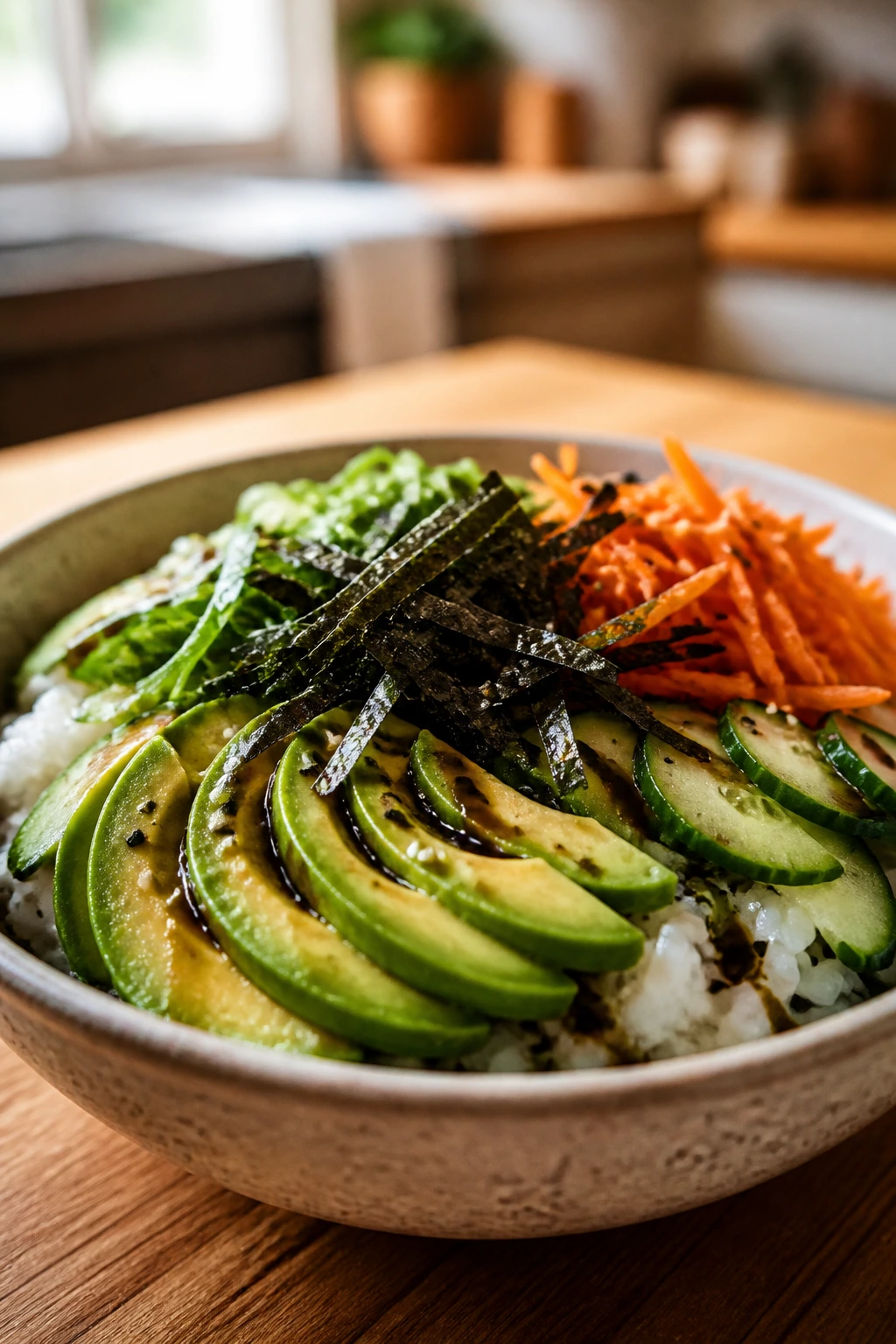 Close-up of veggie sushi bowls with avocado, cucumber, and nori.