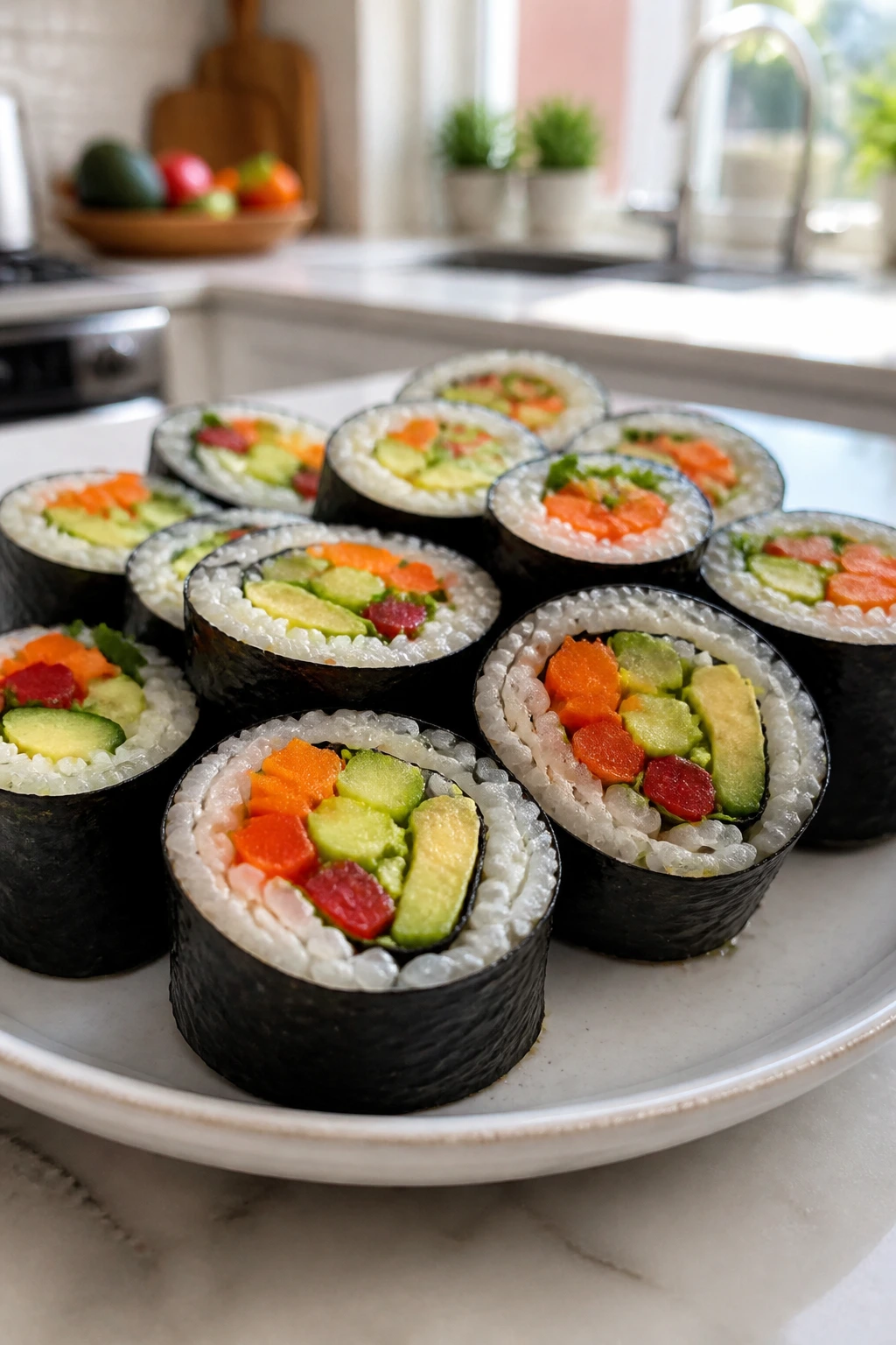Veggie sushi rolls on a plate, ready for lunchbox.