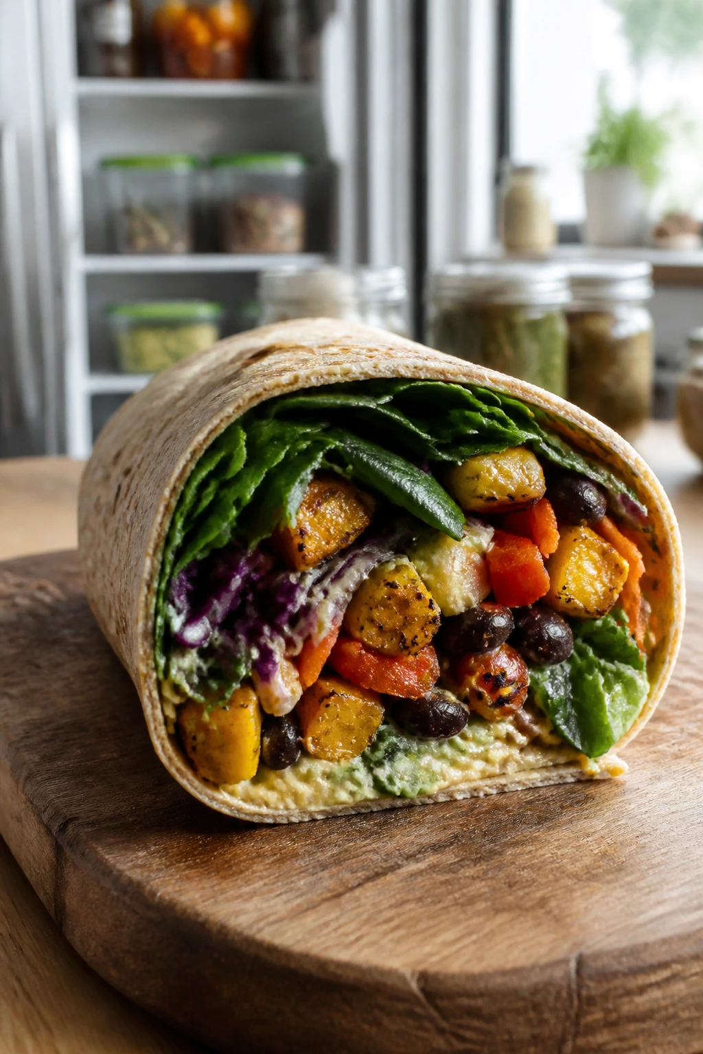 Close-up of a hearty veggie wrap centered on a wooden board in a kitchen.