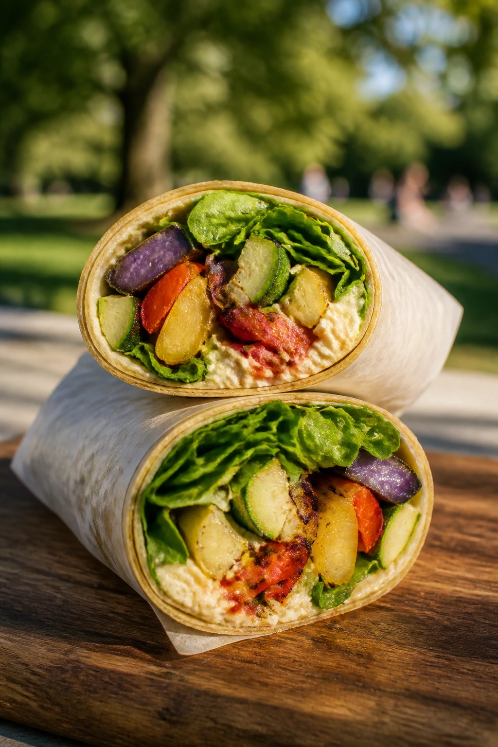Close-up of a sliced veggie wrap on a wooden board