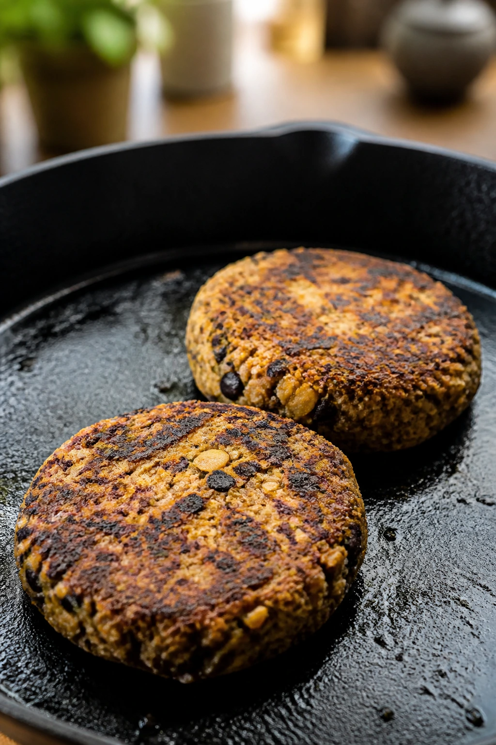 Close-up of veggie burger patties browning in a skillet