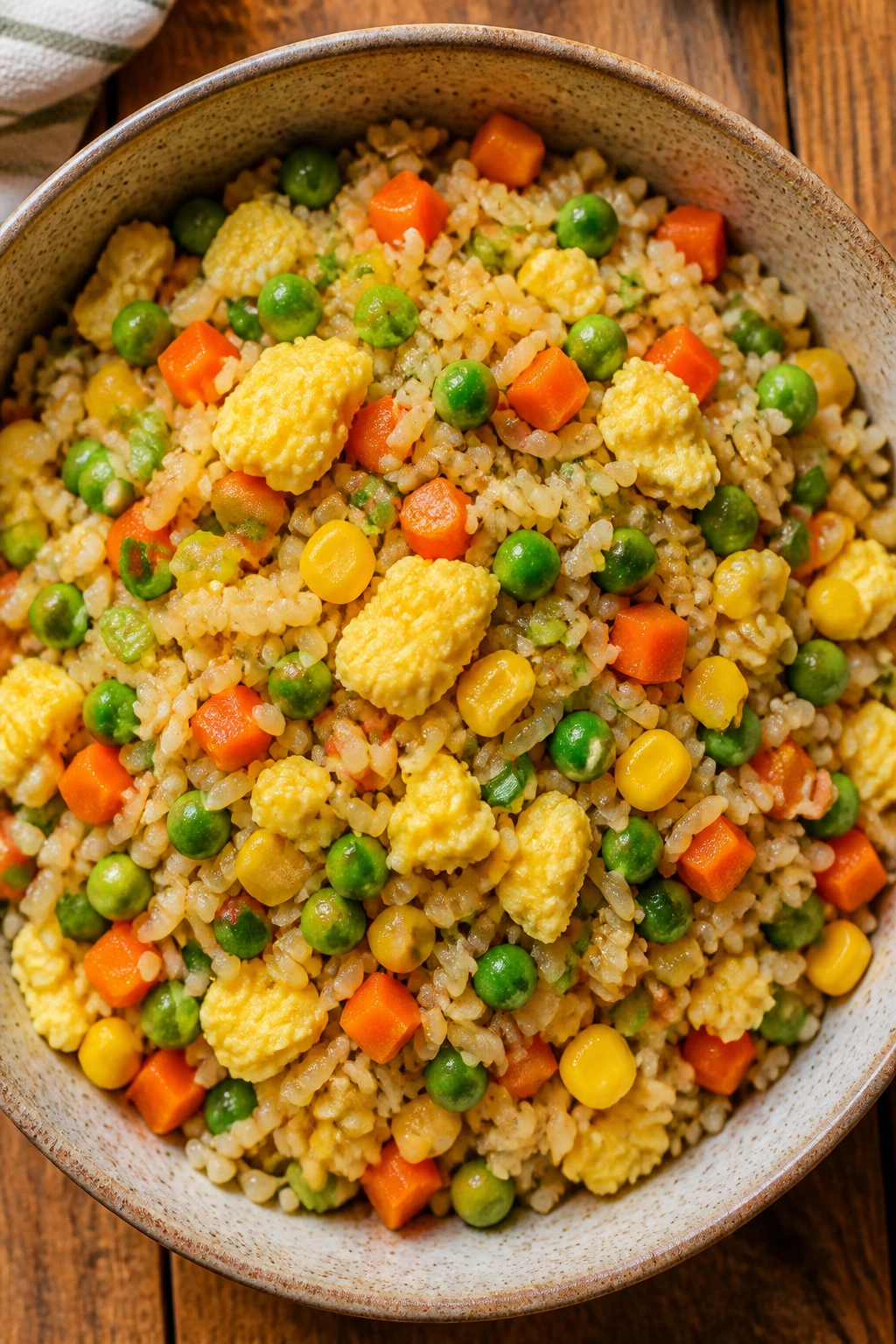 Top-down view of veggie fried rice with egg in a bright kitchen