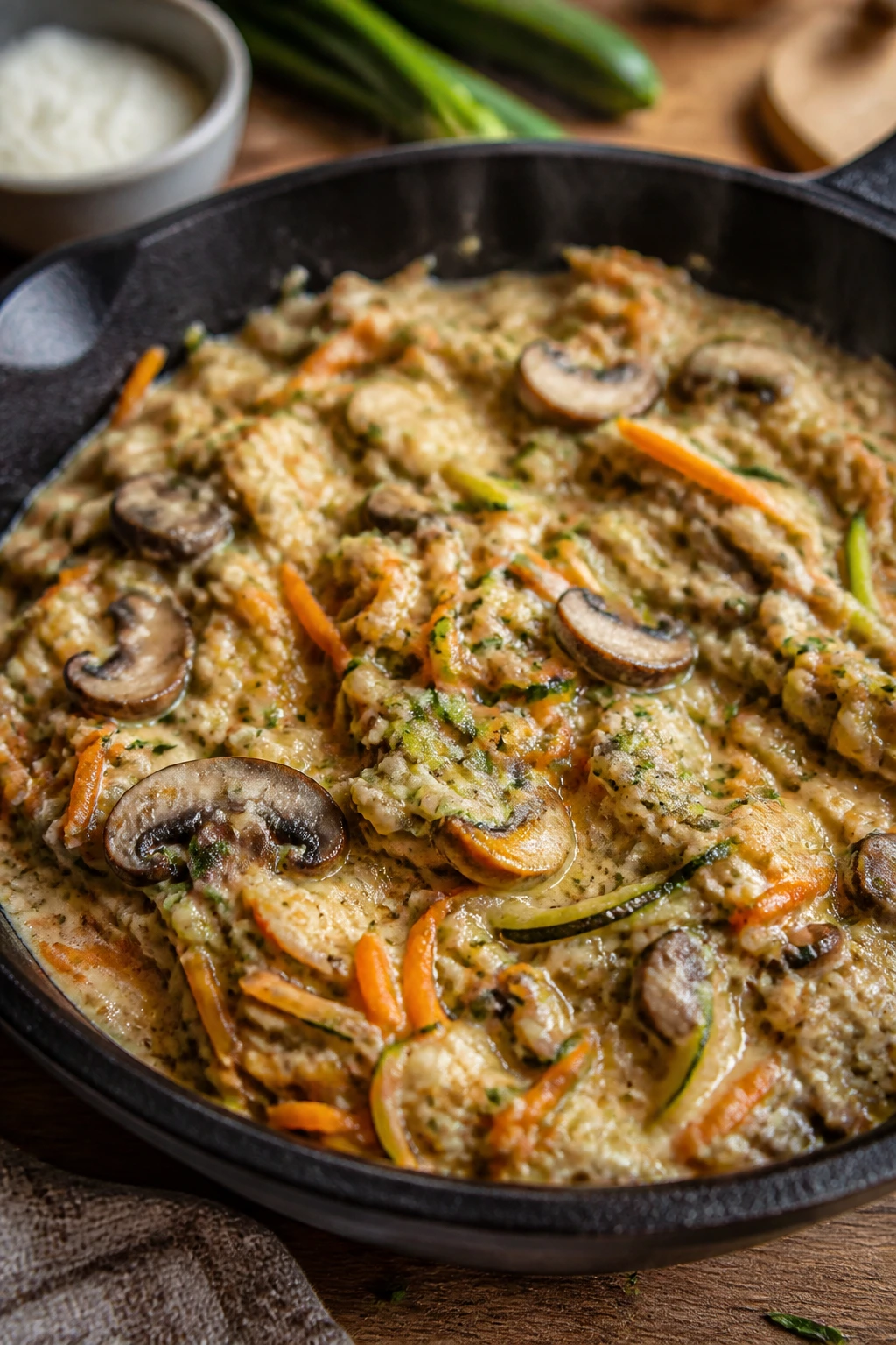 Close-up of a veggie-forward skillet dish with zucchini, cauliflower purée, mushrooms, and carrot in a thick sauce.
