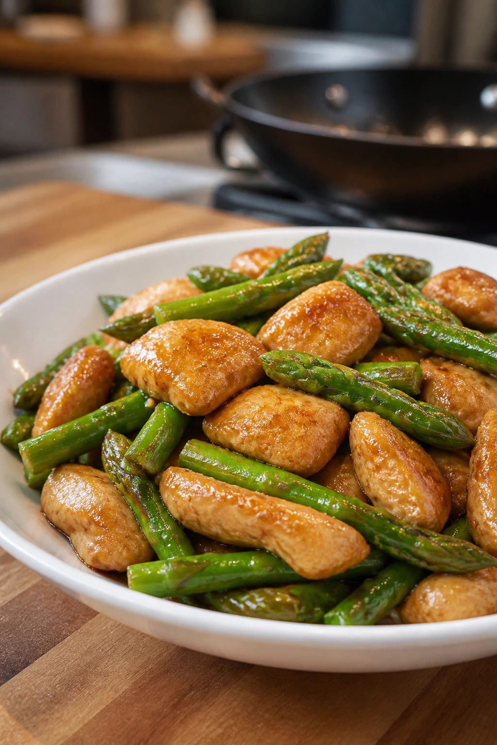 Velvet chicken and asparagus stir-fry with glossy sauce