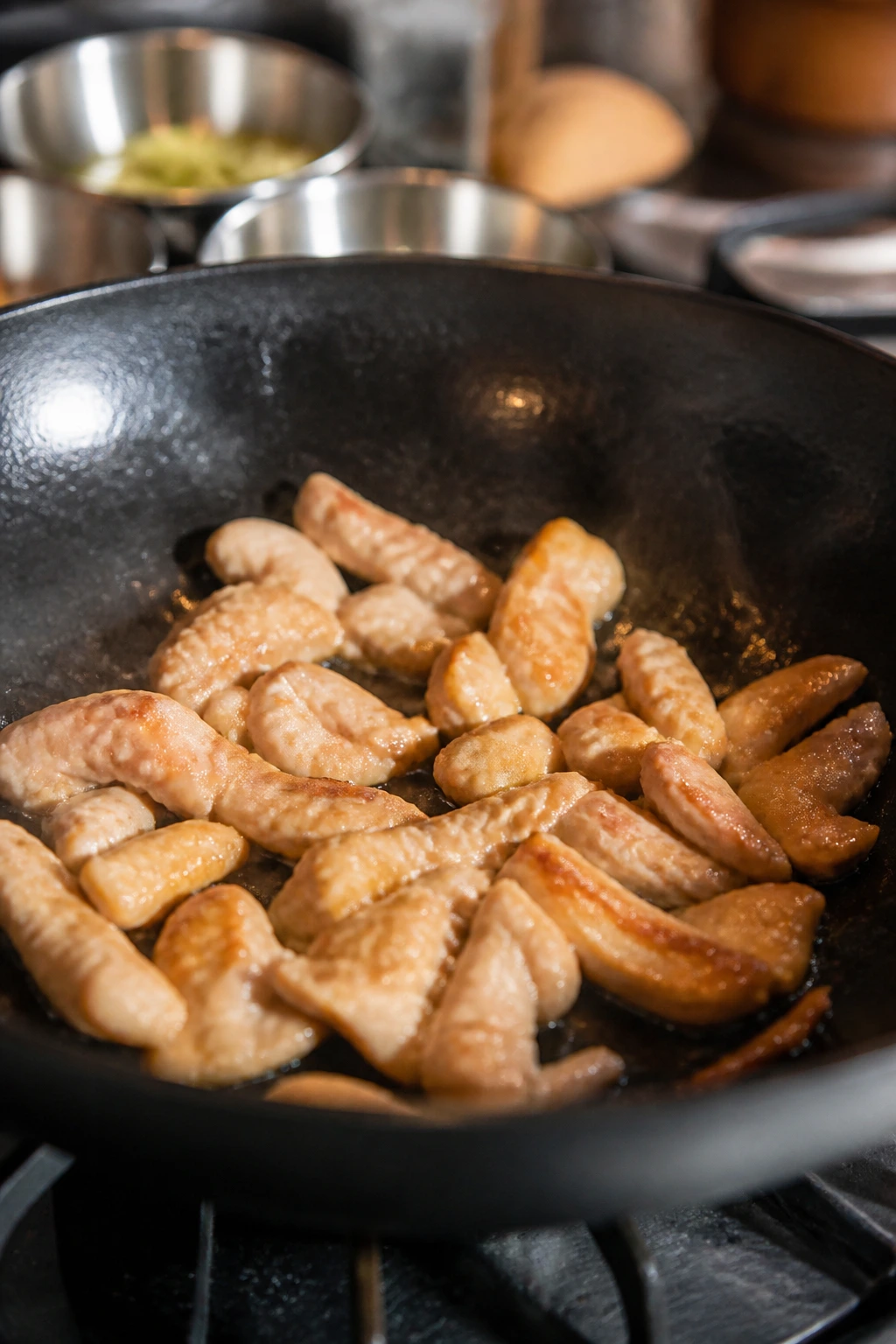Thinly sliced chicken browning in a hot pan with velveting coating