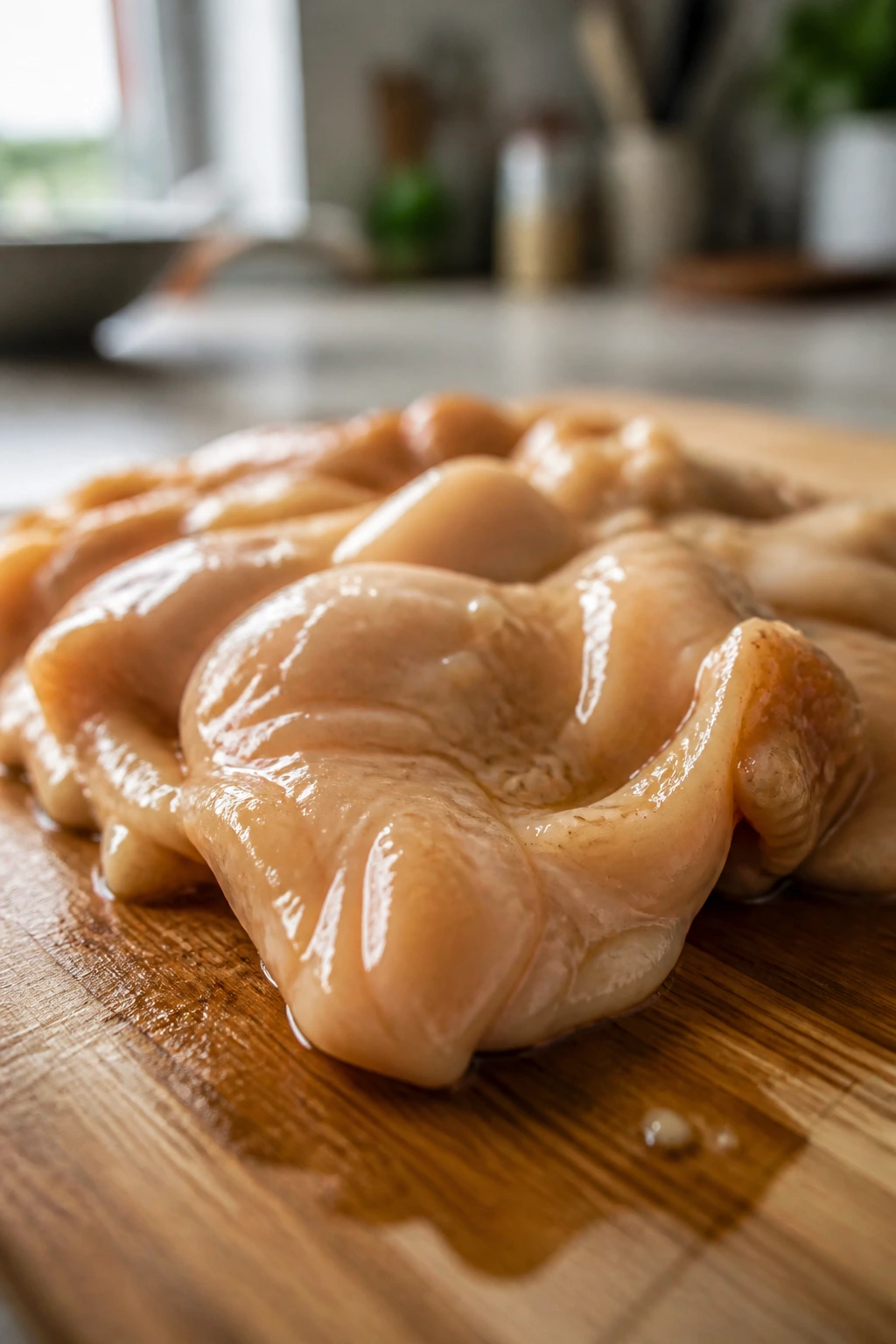 Marinated chicken piece with glossy velvet coating on a cutting board.