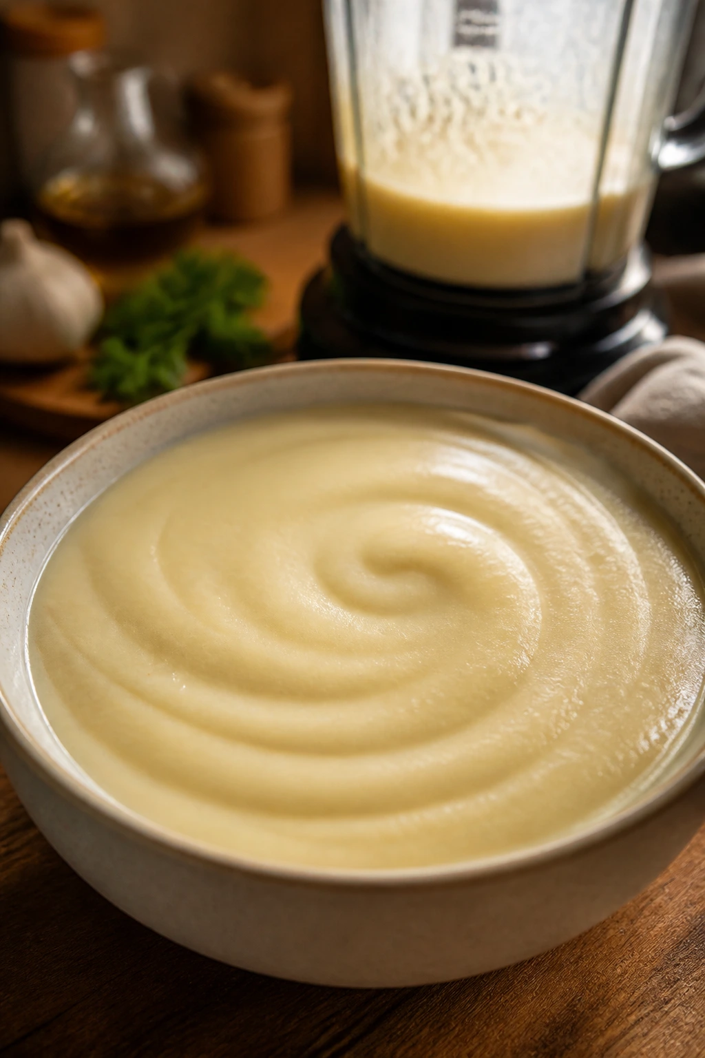 Smooth velvety pale soup in bowl with glossy surface
