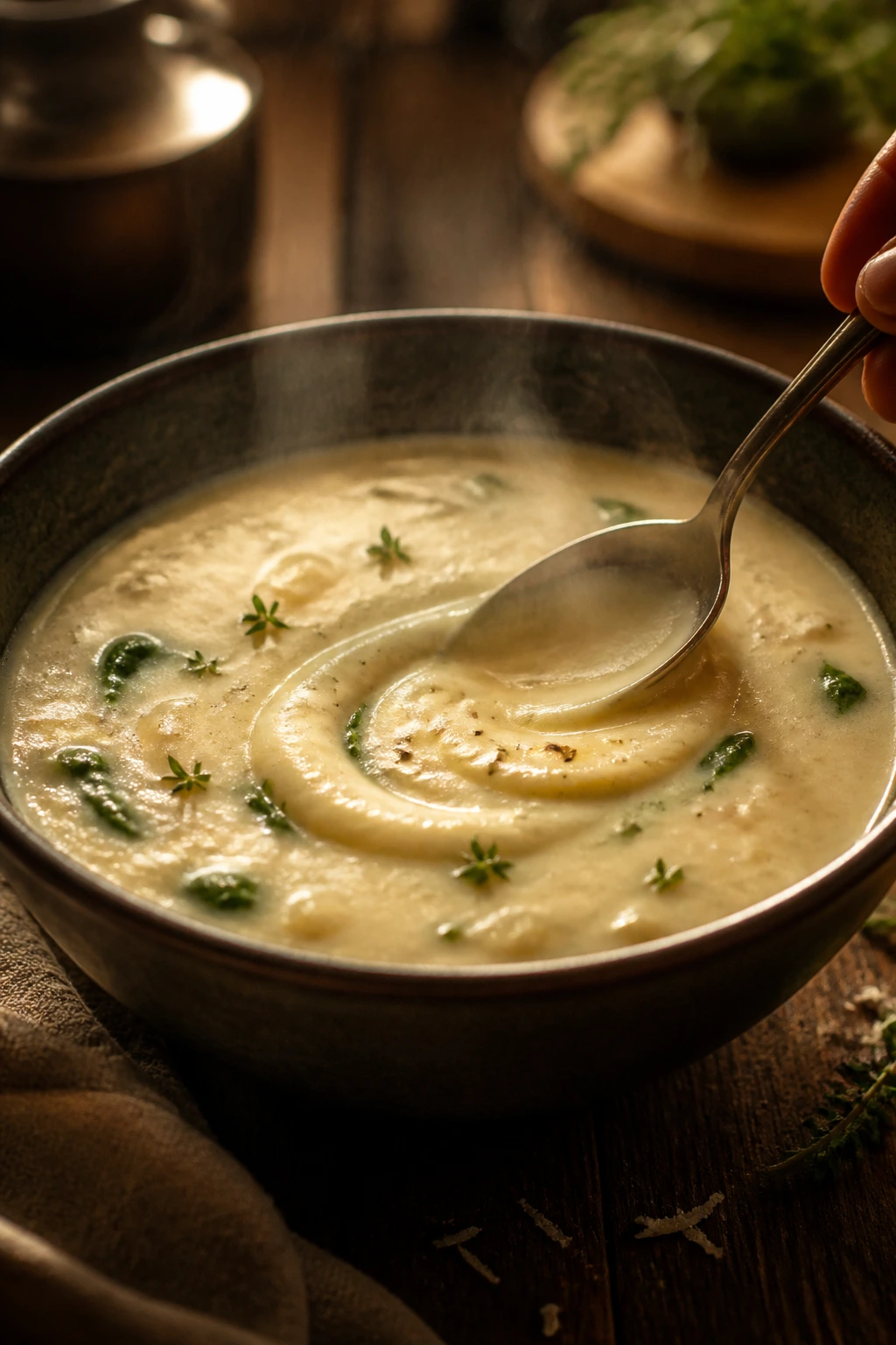 Glossy velvety bowl of creamy soup with a smooth surface and steam
