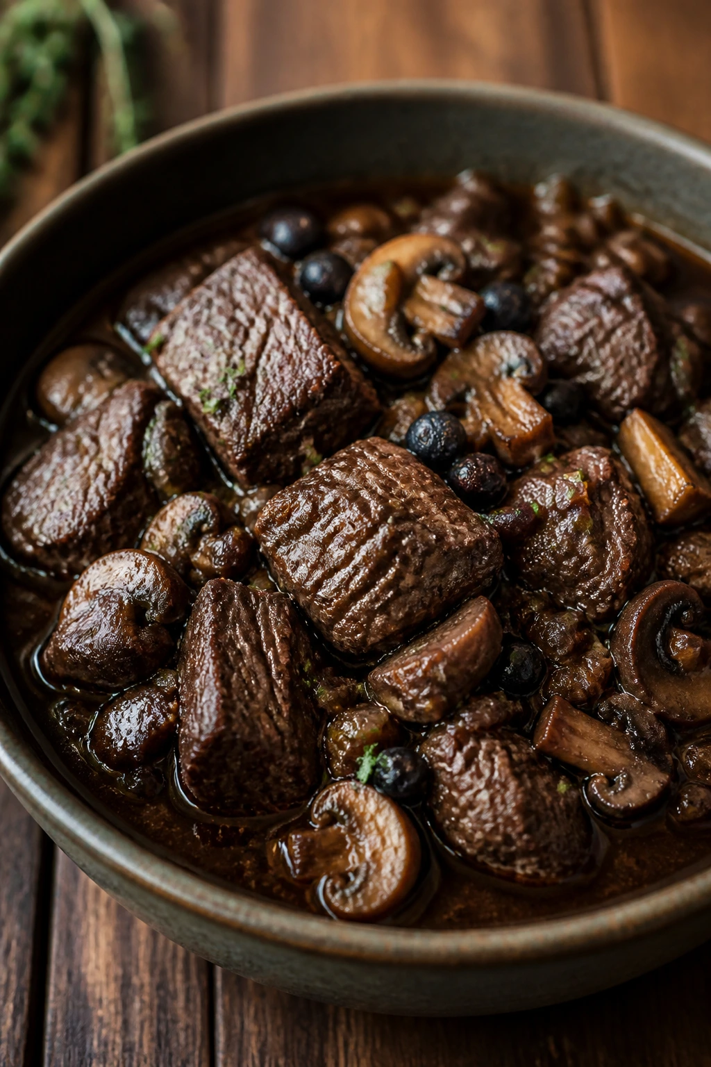 Close-up of venison juniper stew with braised venison and mushrooms in a bowl