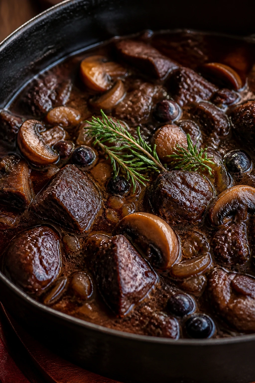 Close-up of Venison Stew with Juniper and Mushrooms in a rustic bowl