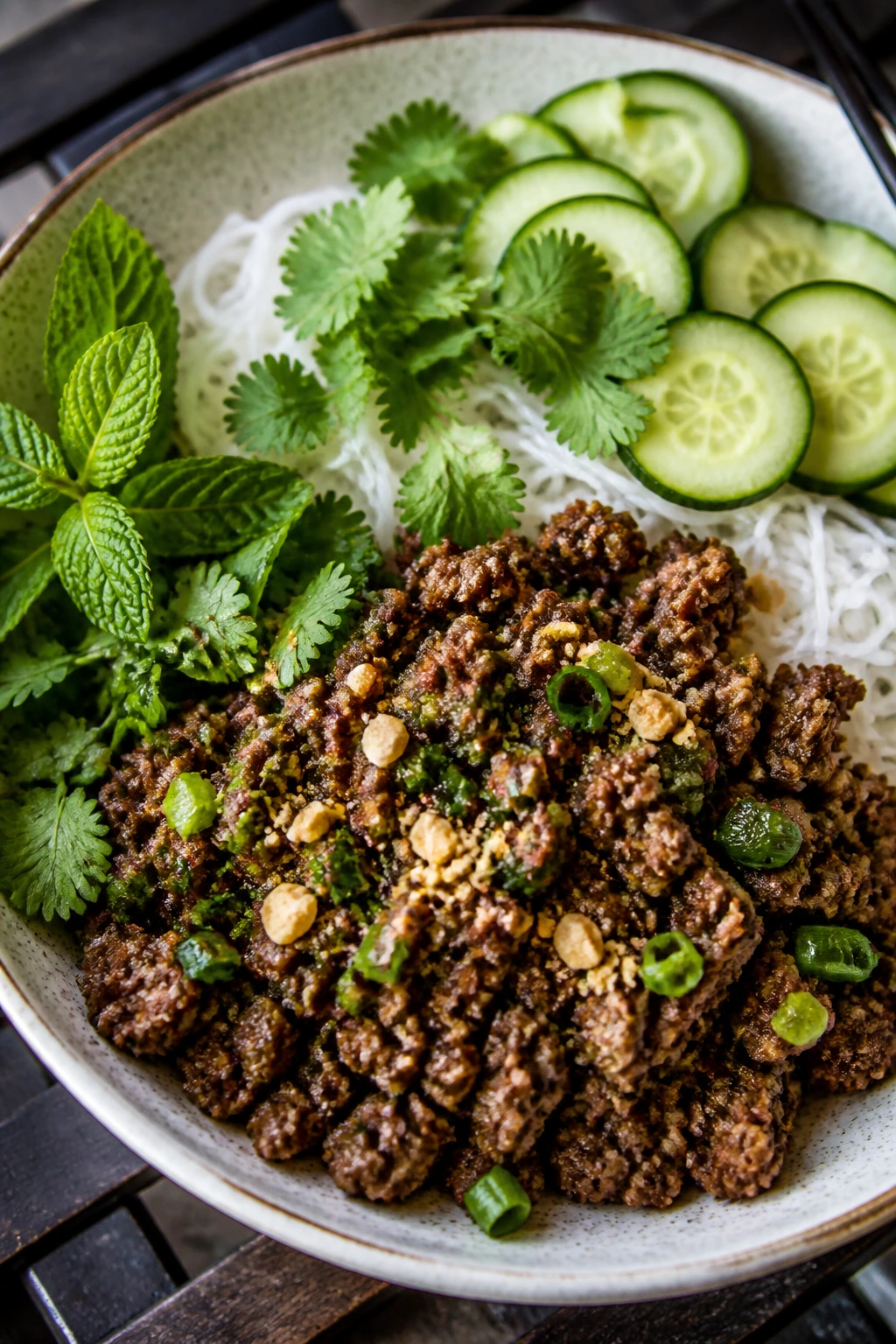 Close-up of vermicelli beef bowls with herbs and cucumber