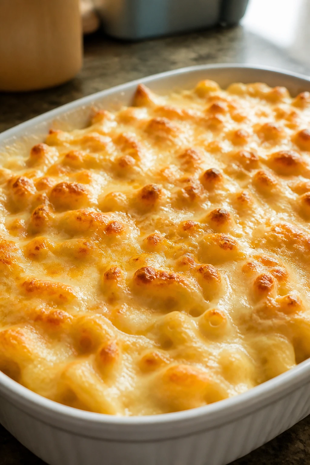 Creamy casserole close-up with melted cheese in a baking dish on a warm kitchen counter