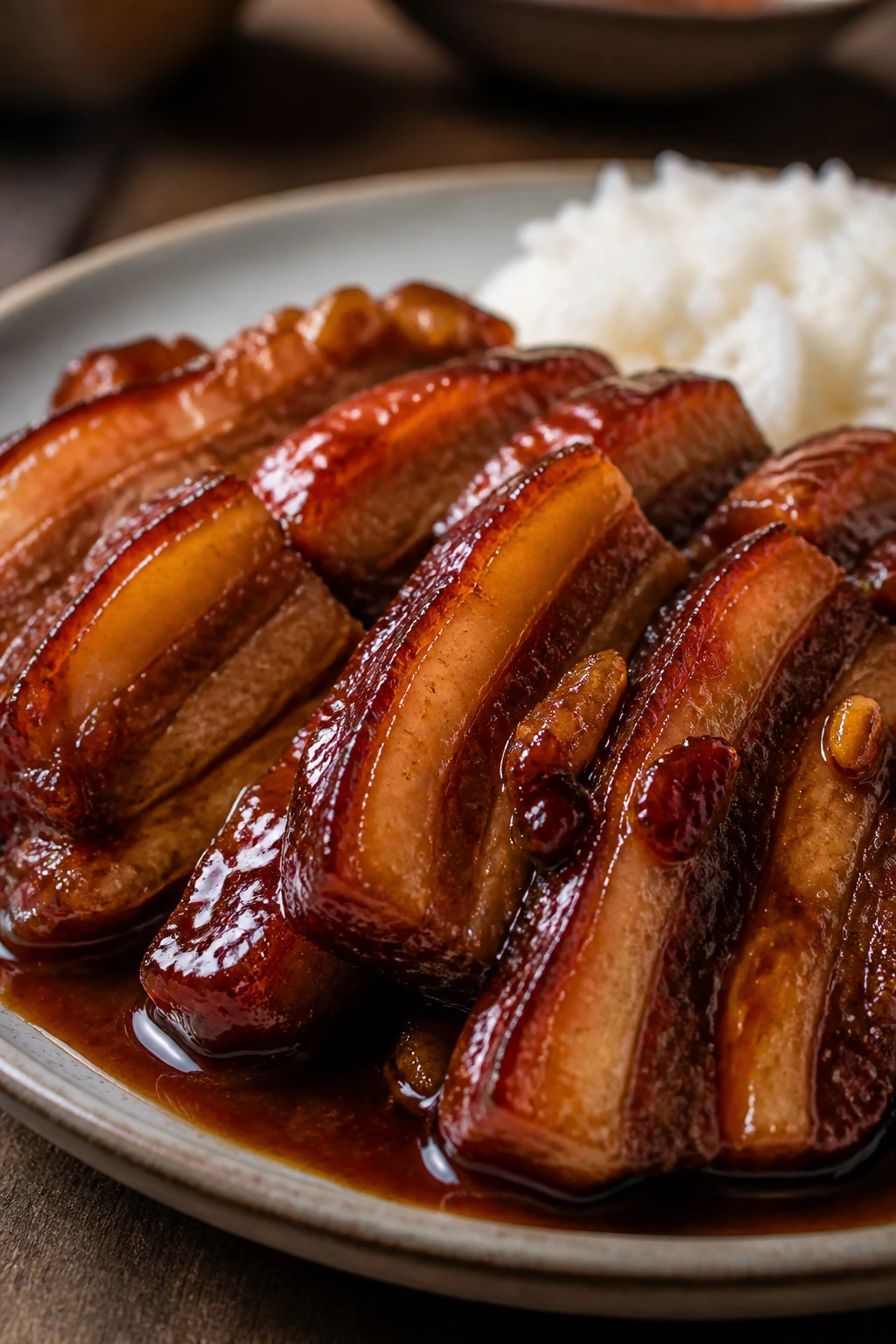 Glossy Vietnamese caramel pork belly slices on a plate with rice