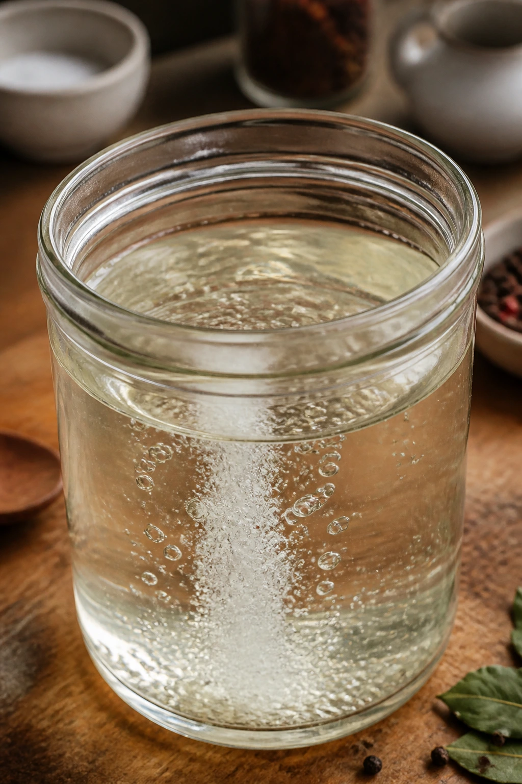 Close-up of balanced vinegar brine in a glass container
