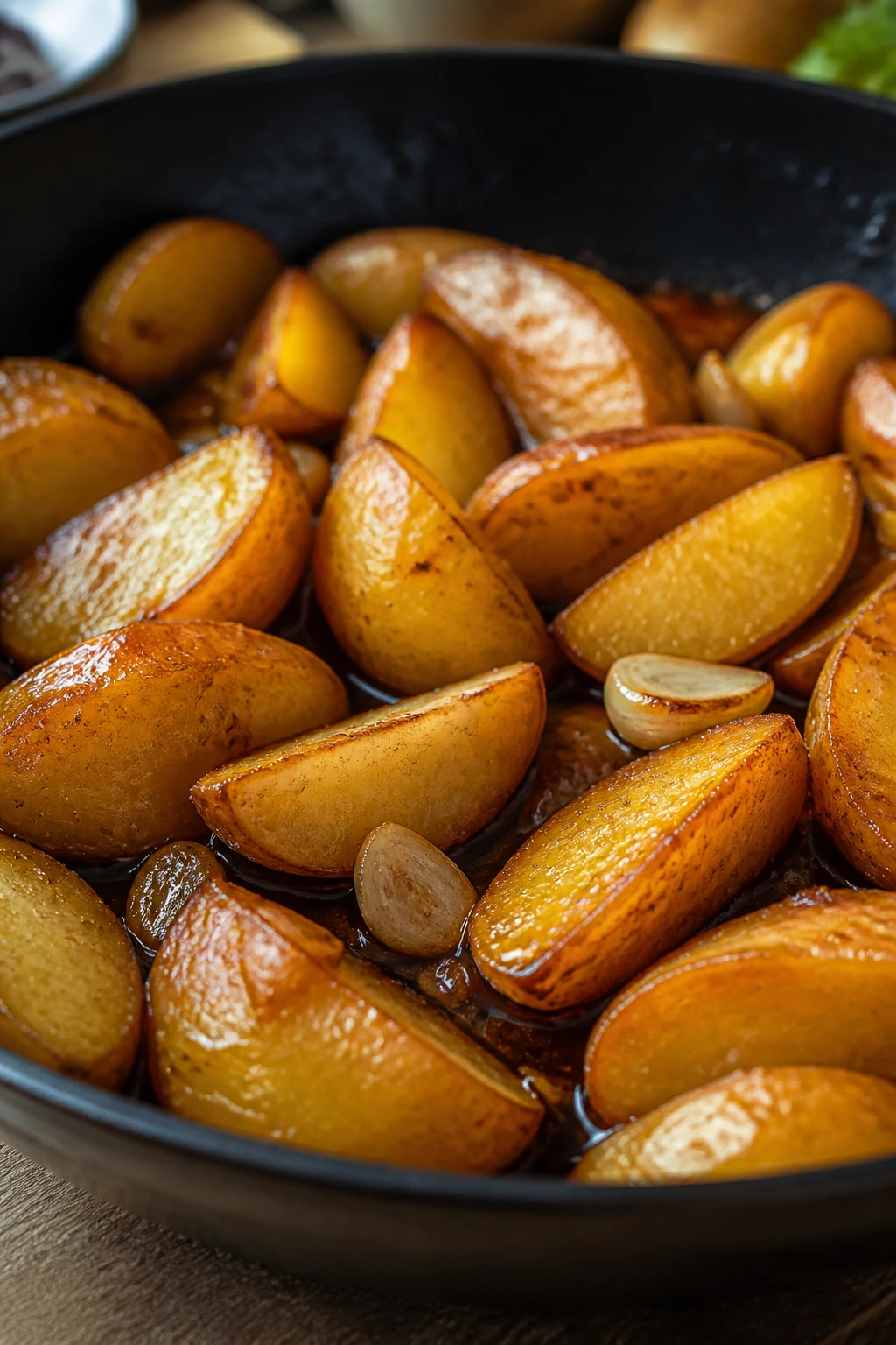 Browned vinegar-braised potato wedges with glaze