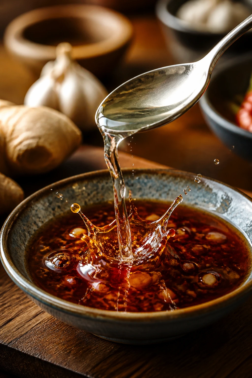 Teaspoon releasing vinegar into glossy sauce on a wooden board.