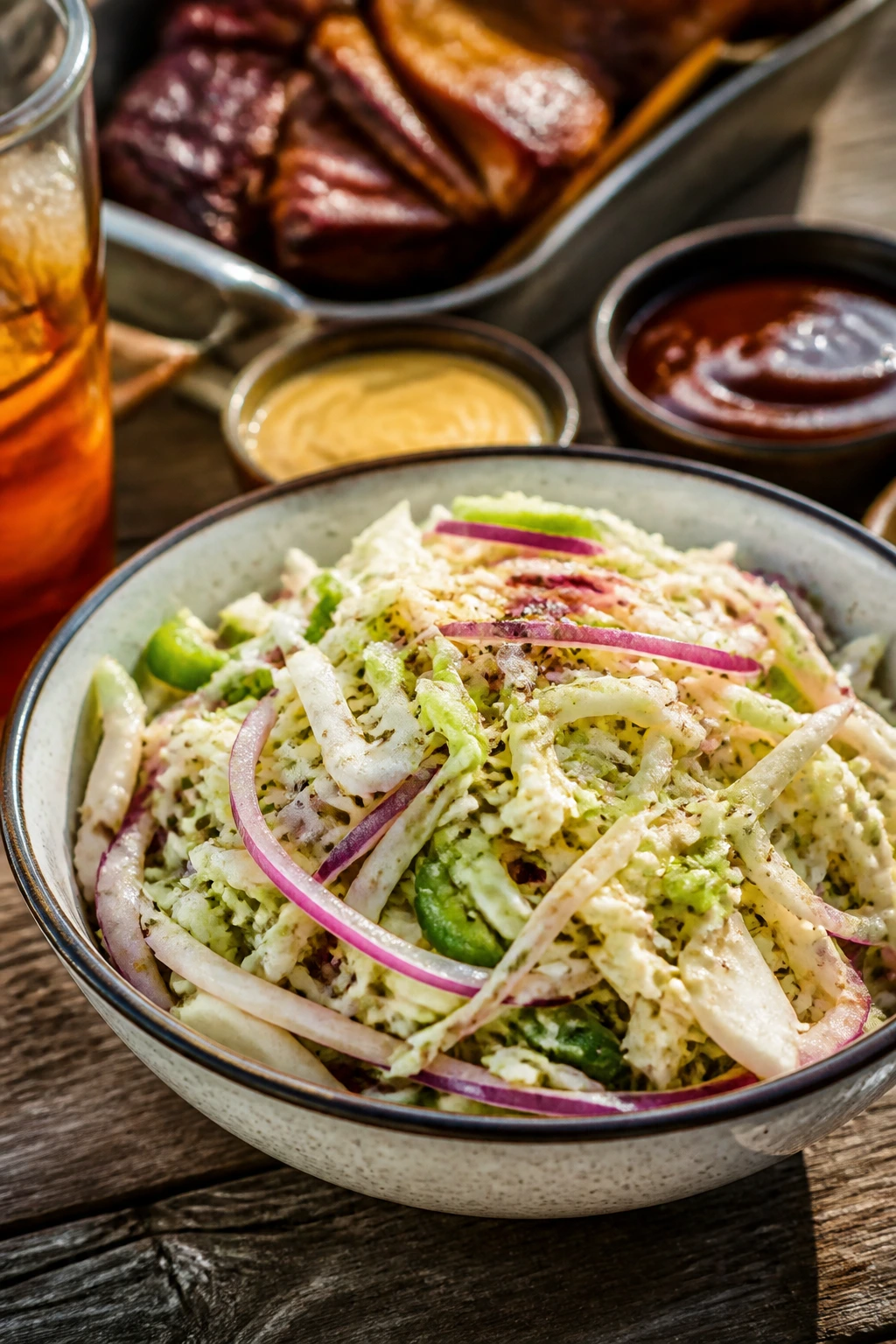 Bowl of bright vinegar slaw on wooden table