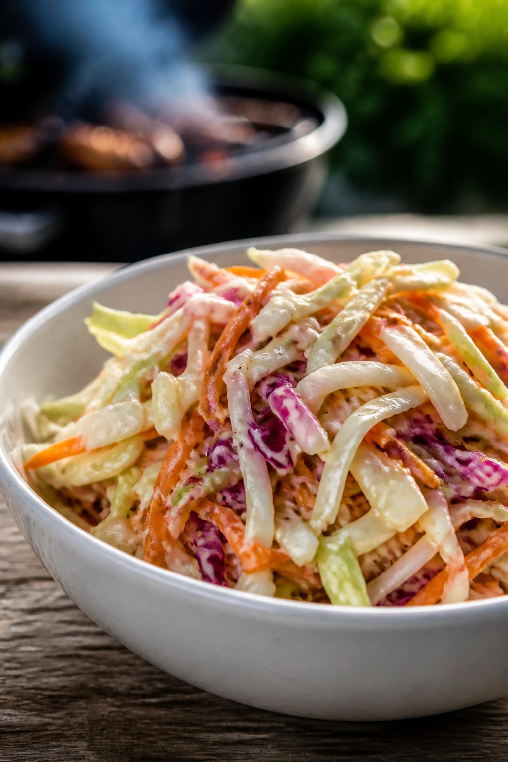 Close-up of crisp vinegar slaw in a bowl on a wooden table in a backyard
