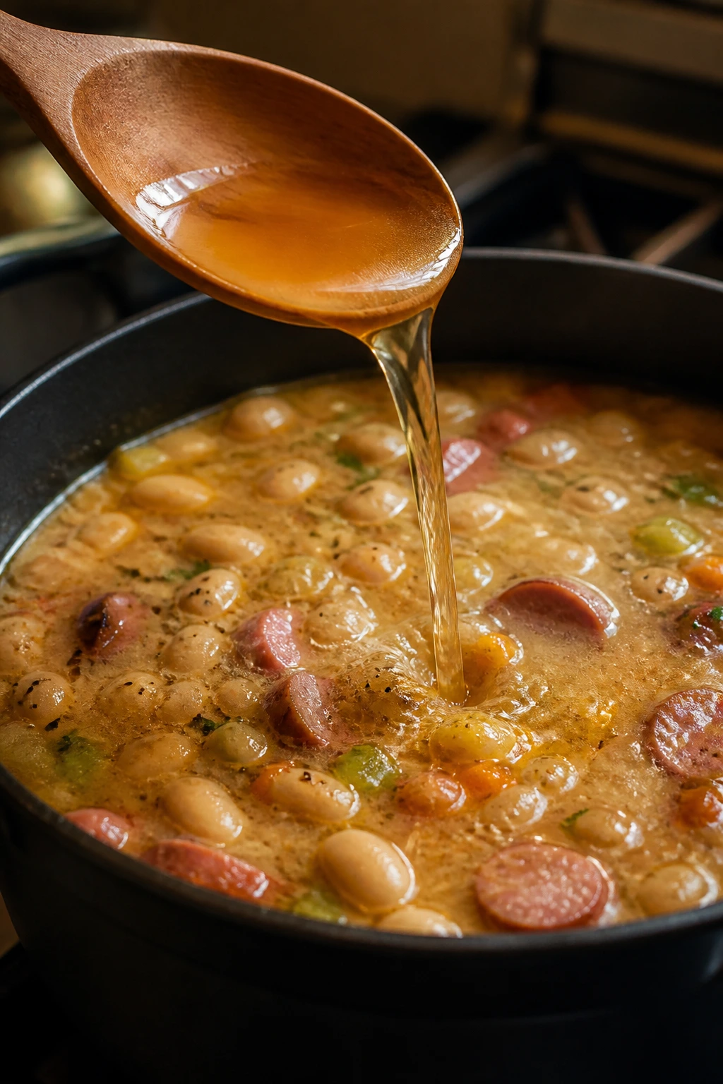 Spoon pouring apple cider vinegar into creamy soup