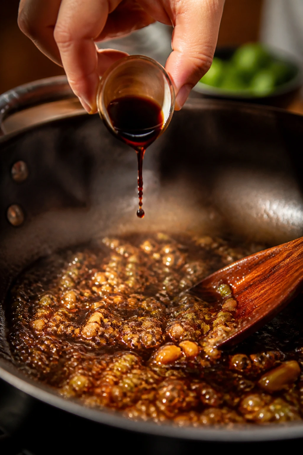 Hand adding a drop of dark vinegar to glossy sauce