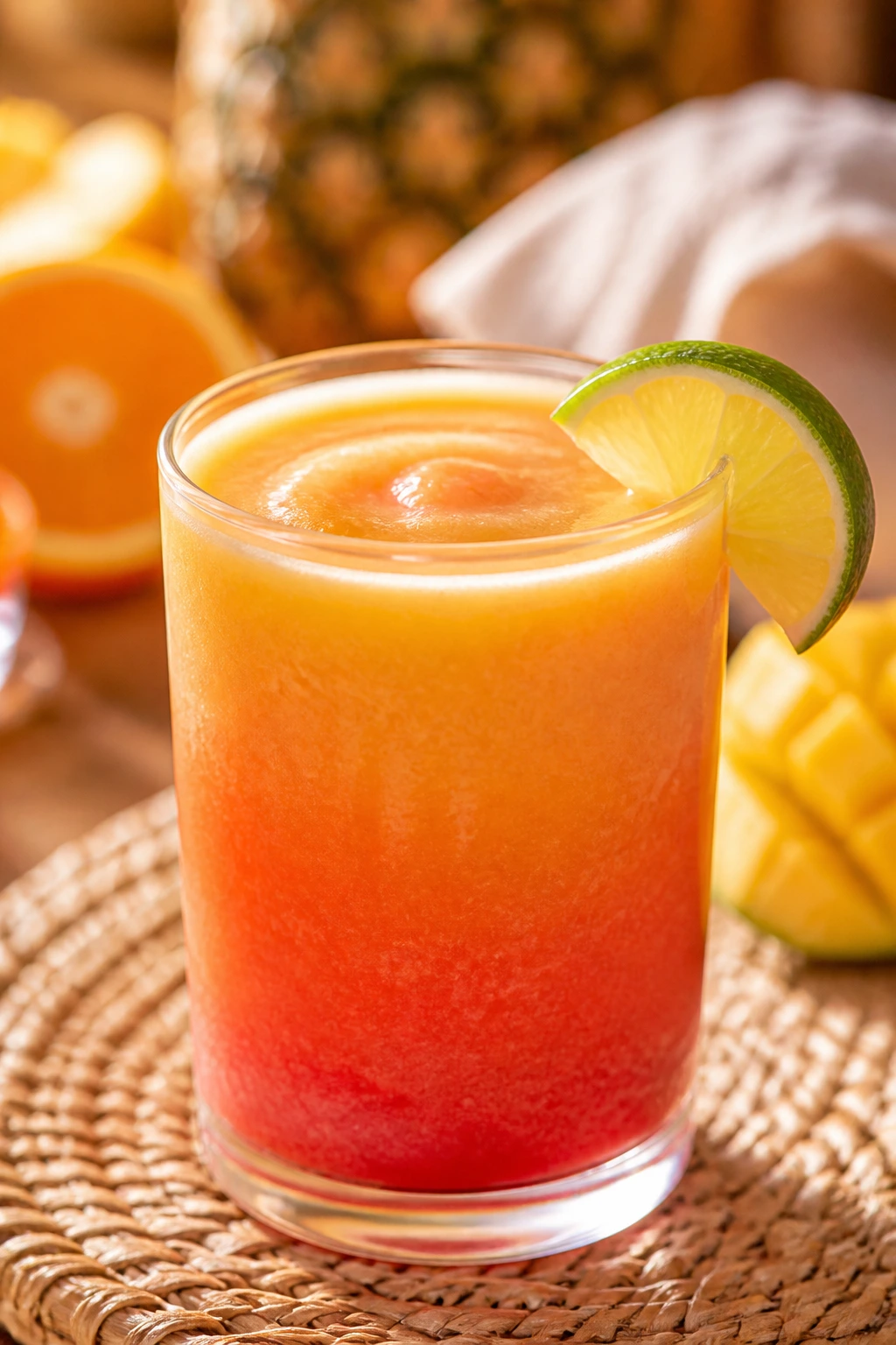 Sunset-colored Virgin Mai Tai Smoothie in a glass on a brunch table