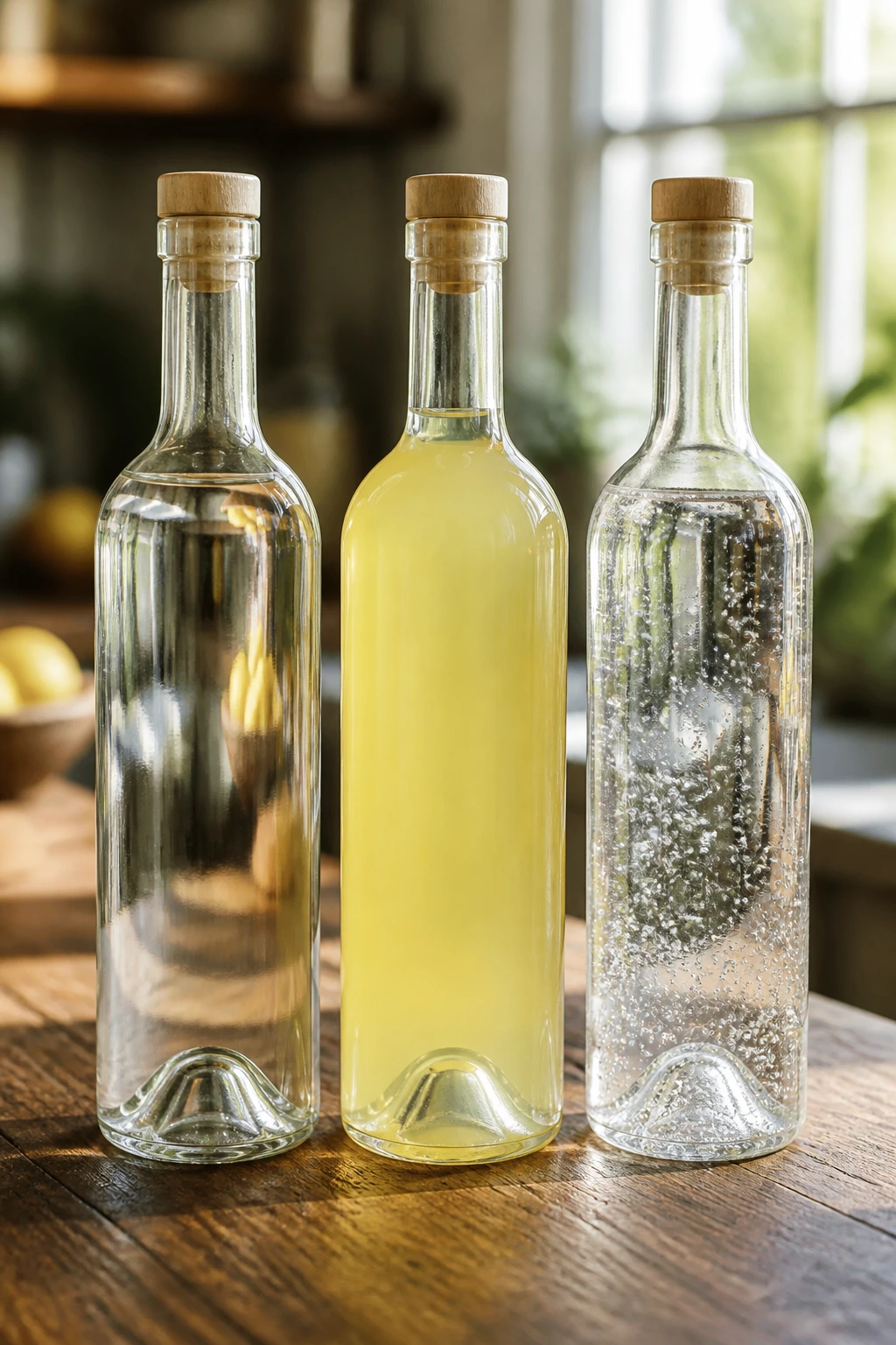 Three unlabeled bottles of vodka, limoncello, and soda on a wooden bar