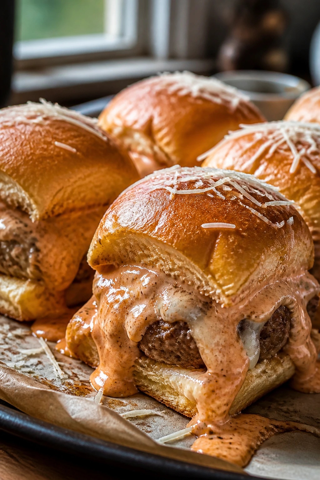 Close-up of creamy vodka sauce meatball sliders with melted mozzarella