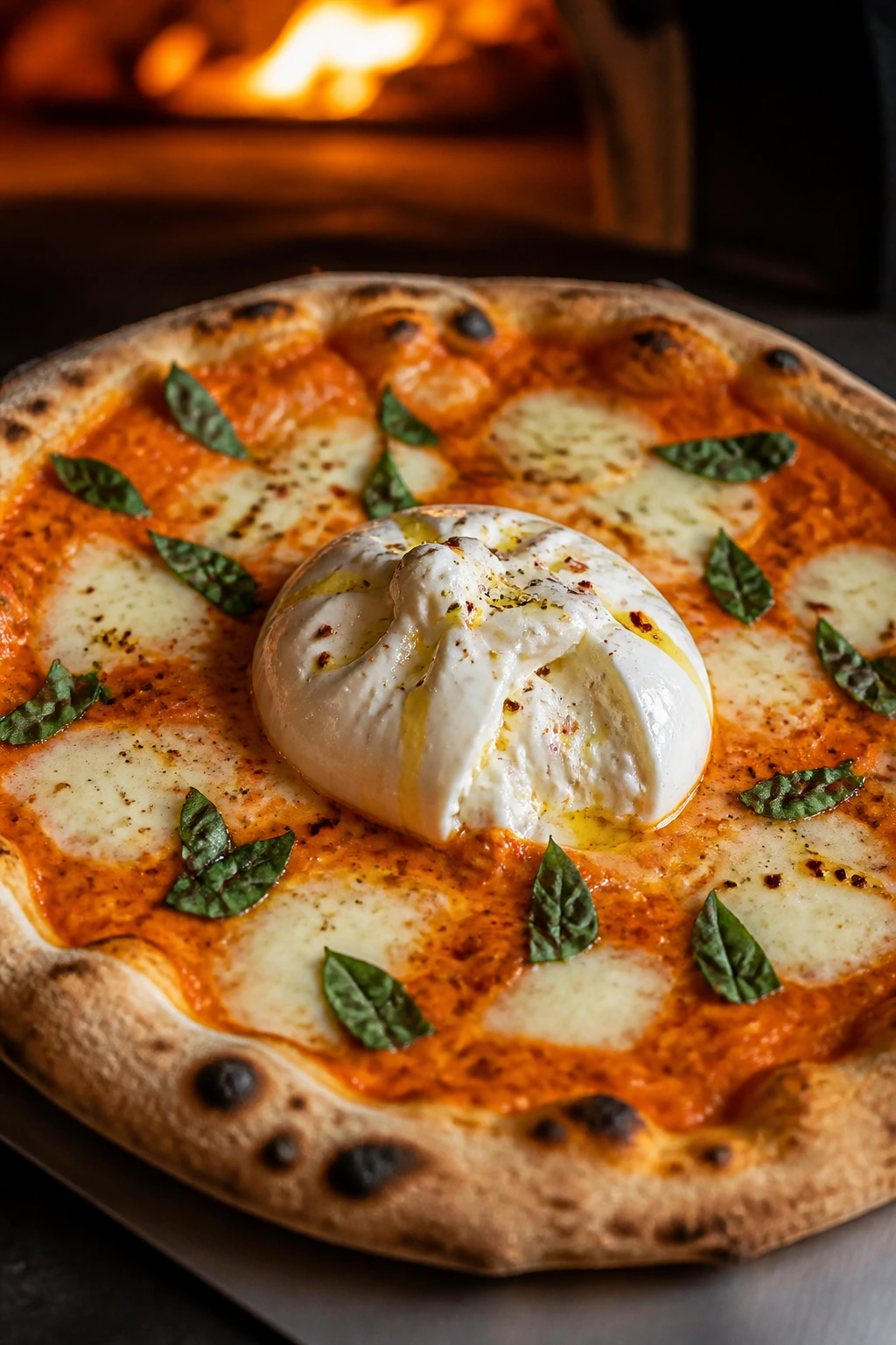 Vodka sauce pizza with burrata and basil on warm kitchen surface