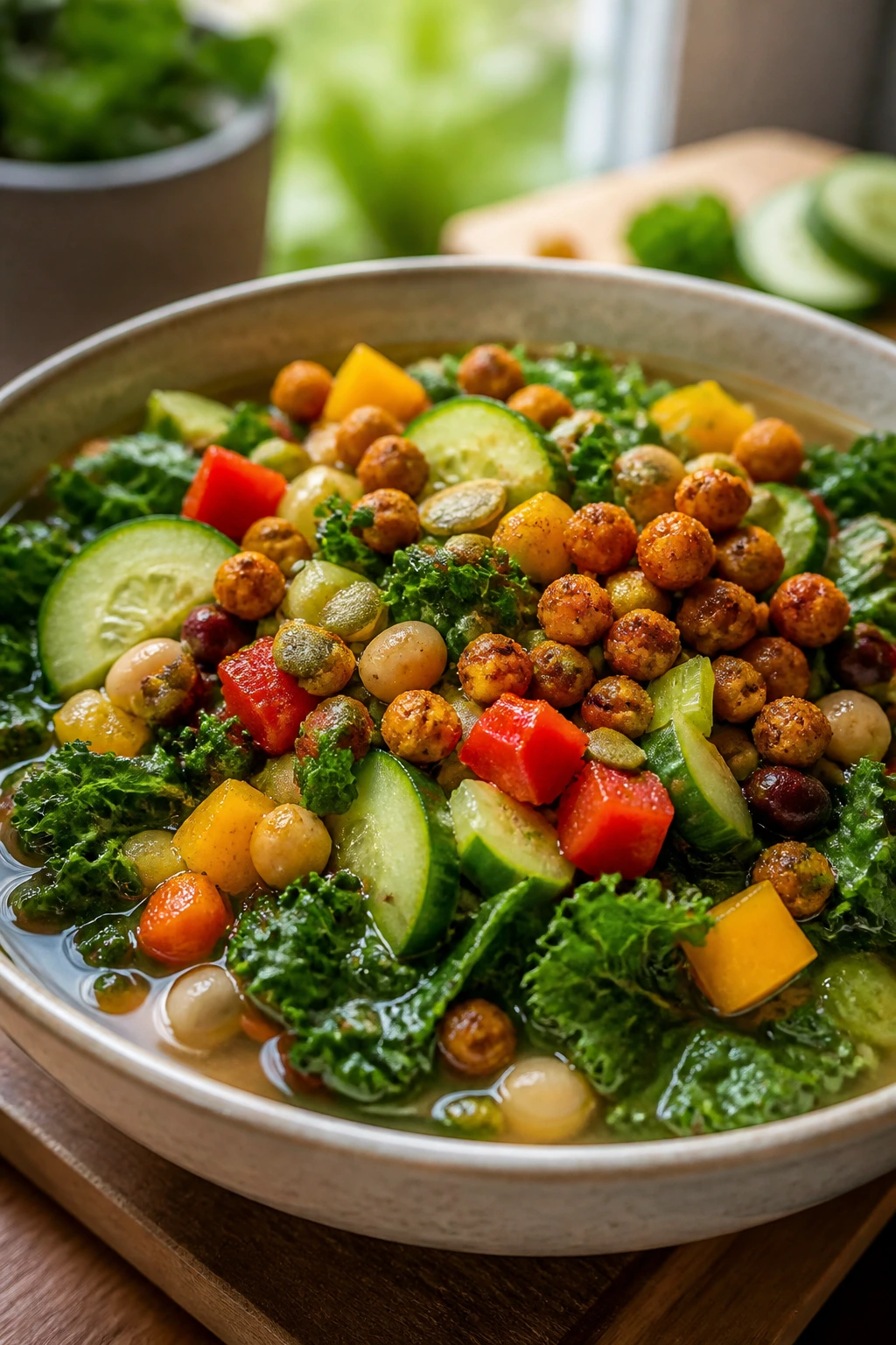 Colorful high-volume plate with greens, beans, and crisp vegetables