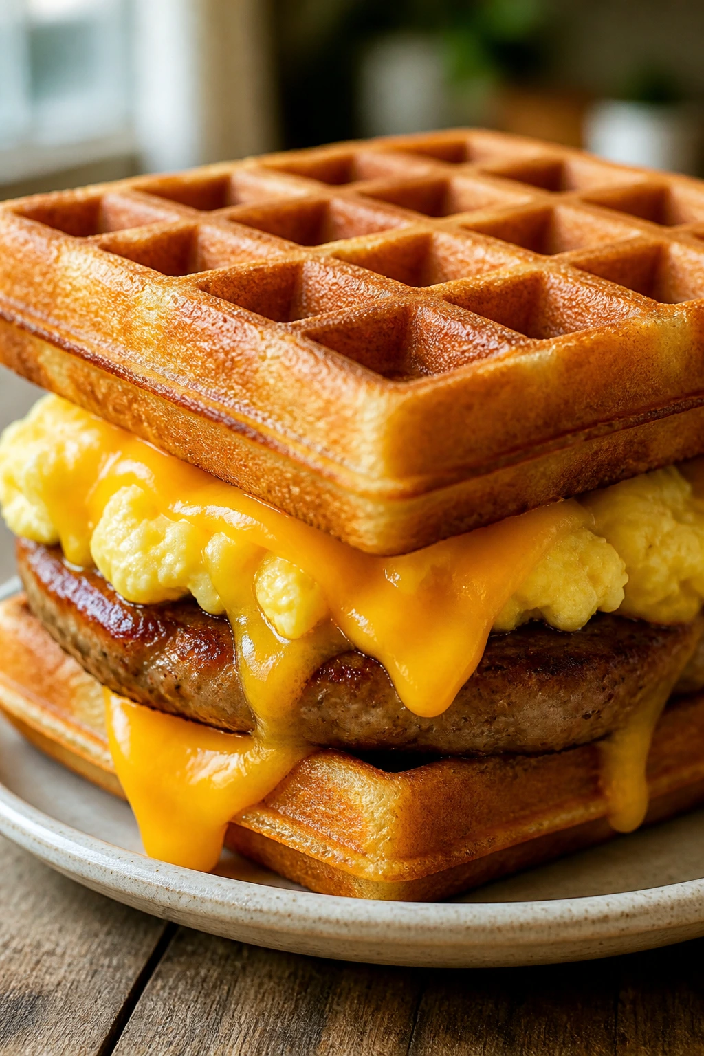 Close-up of a waffle breakfast sandwich with cheese and eggs